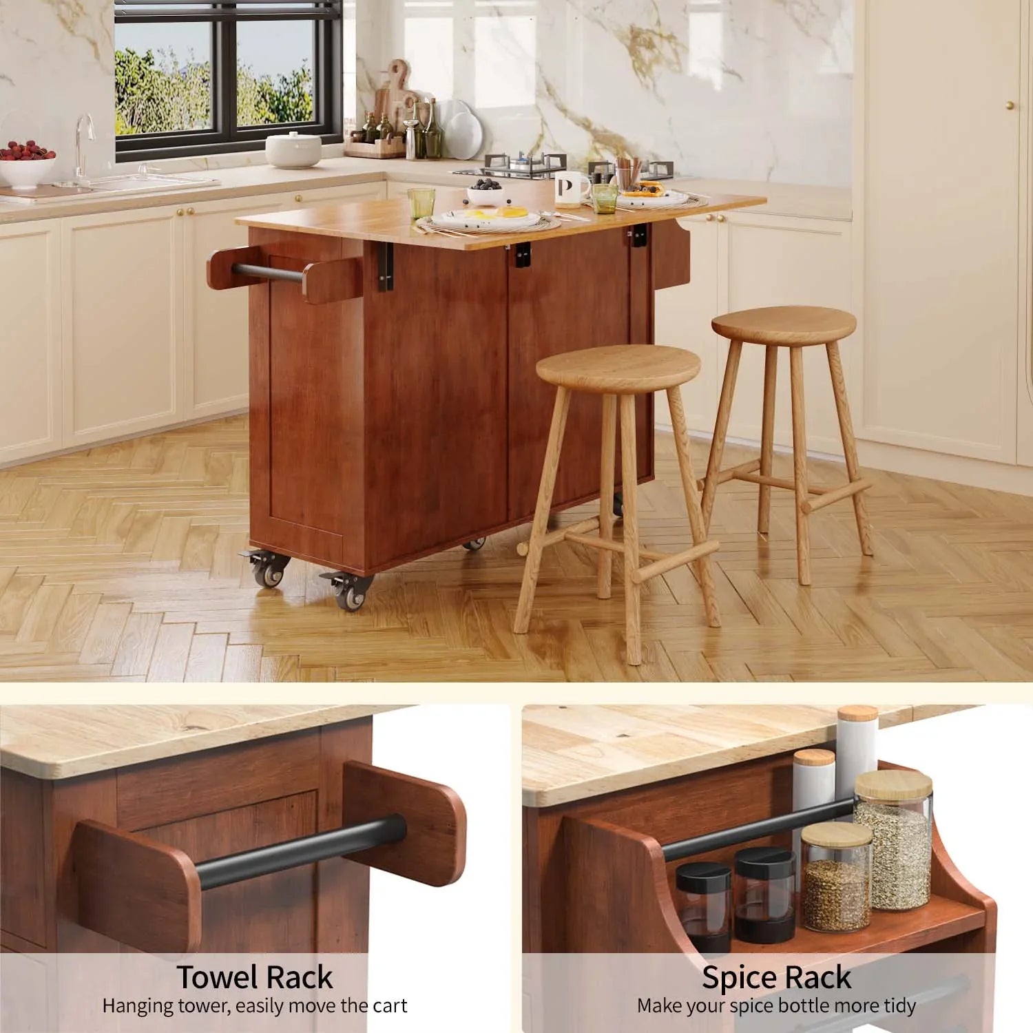 2026 New Lofka 52-Inch Kitchen Island with Storage on Wheels with Wood Drop Leaf, Ideal for Small Kitchens - Image 16