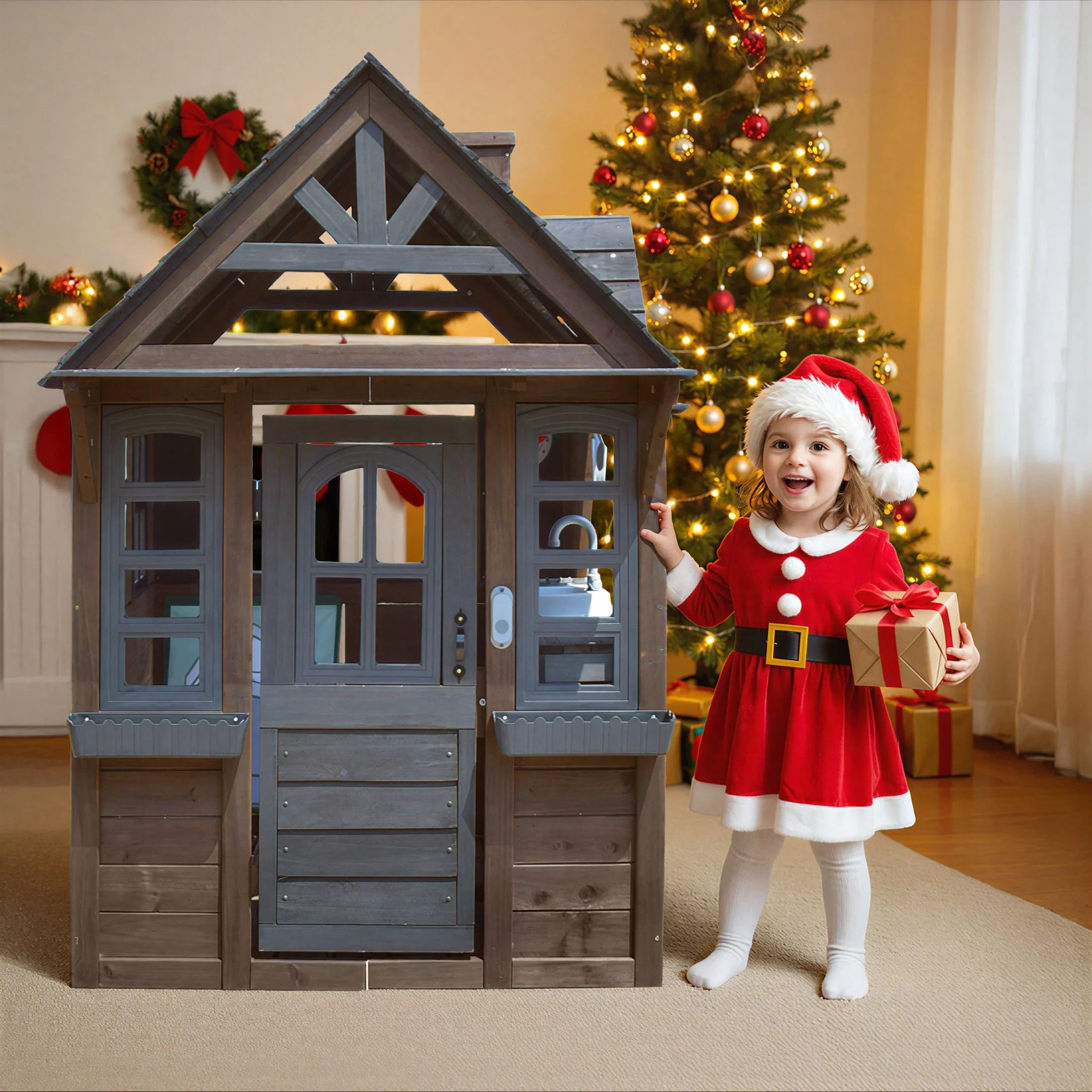 2026 New COCLUB Outdoor Playhouse for Kids Ages 4-8, Wooden Play House with Doorbell, Phone, Kitchen Toys, Outdoor Kids Play Equipment, Casa Para Niñas (45”L x 65”H), White & Black - Image 28