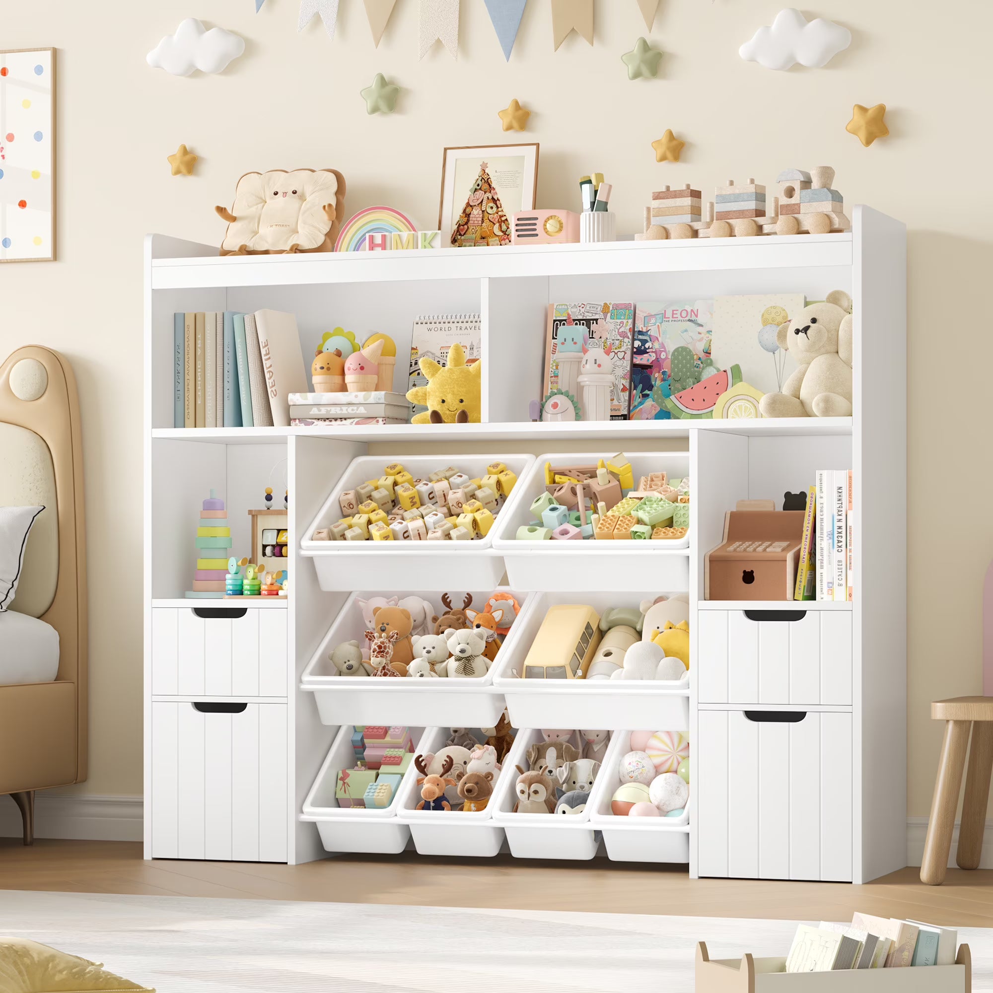 2026 New Homfa Kids Toy Storage Organizer with Removable Bin, Kids Bookshelf and Bookcase Toy Box with Drawers for Playroom, Classroom, White