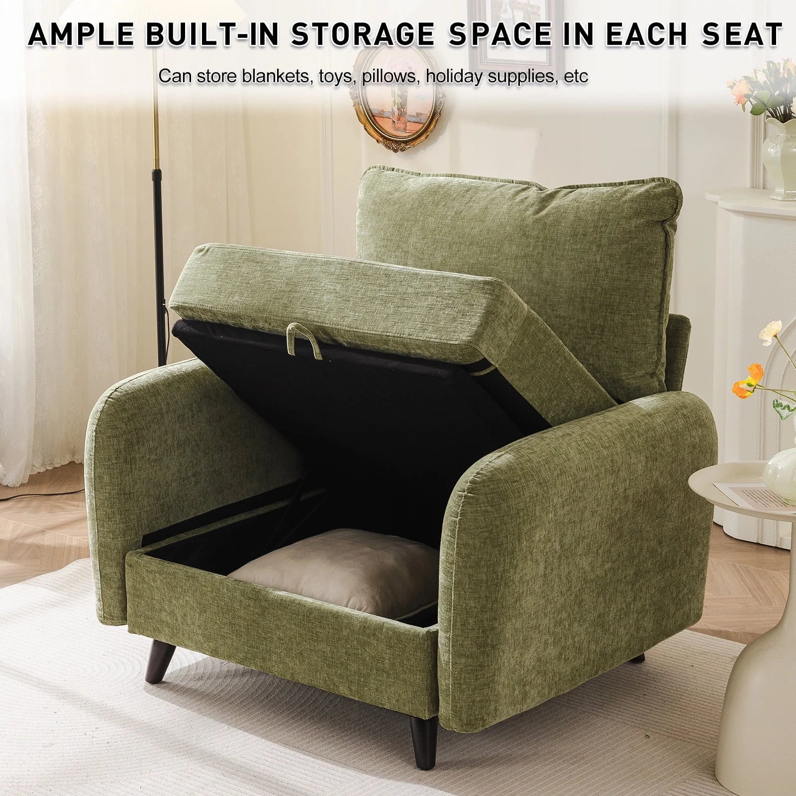 2026 New Rexulqo Oversized Accent Chair with All Seats Storage,Comfy Living Room Chairs with 2 Throw Pillow,Upholstered Mid-Century Armchair,24.5'' Deep Seat,Reading Chair For Bedroom,Office,Chenille,Green - Image 10