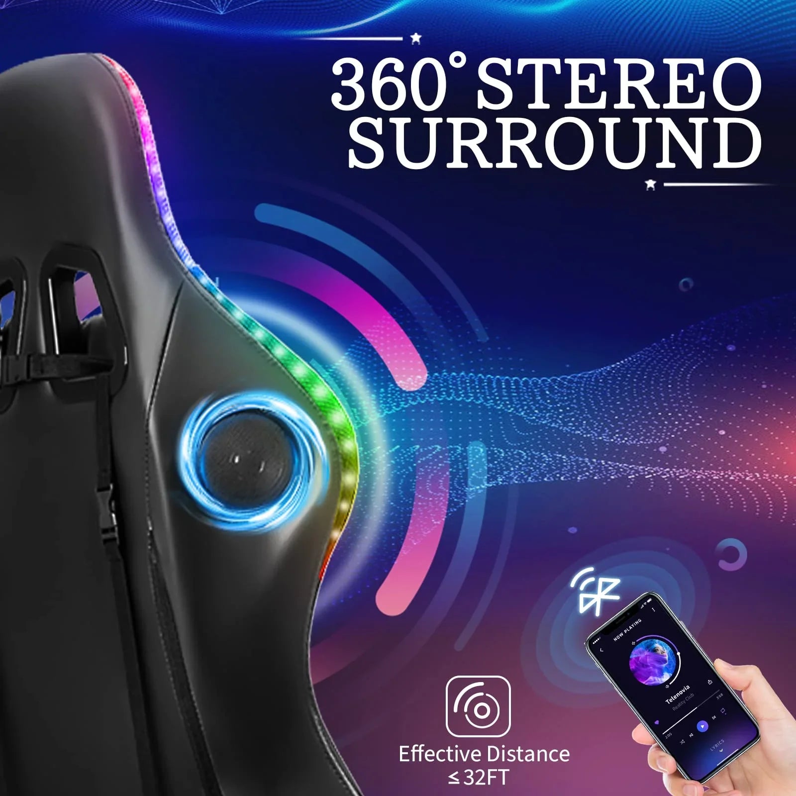2026 New RGB Gaming Chair with Speakers Massage Computer Gaming Chair with LED Lights and Footrest High Back Video Game Chair for Adults Blue and Black - Image 3