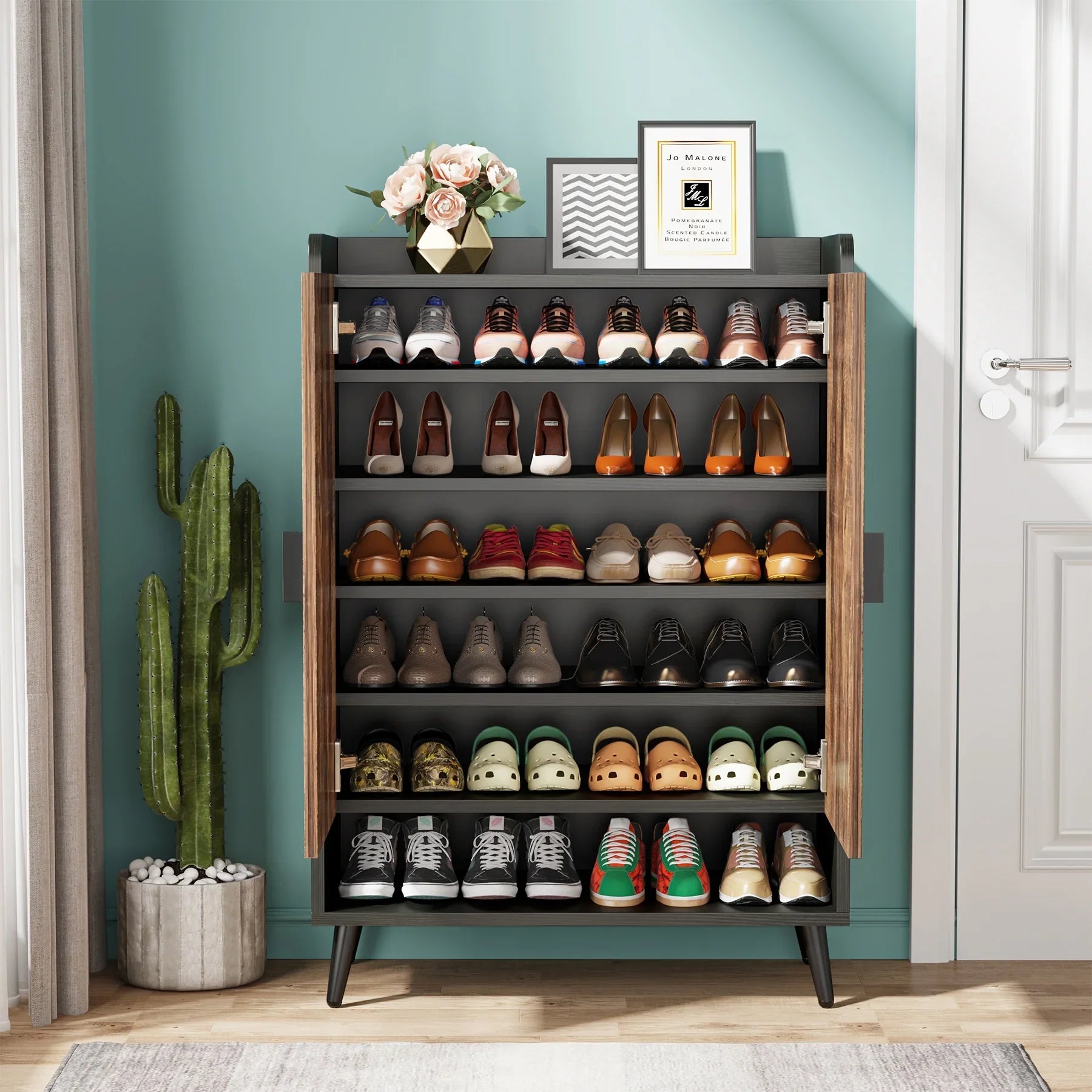 2026 New Tribesigns Shoe Cabinet with Doors, 7-Tier Shoe Storage Cabinet with Adjustable Shelves, Wood Grain Shoes Rack Shoe Organizer - Image 6