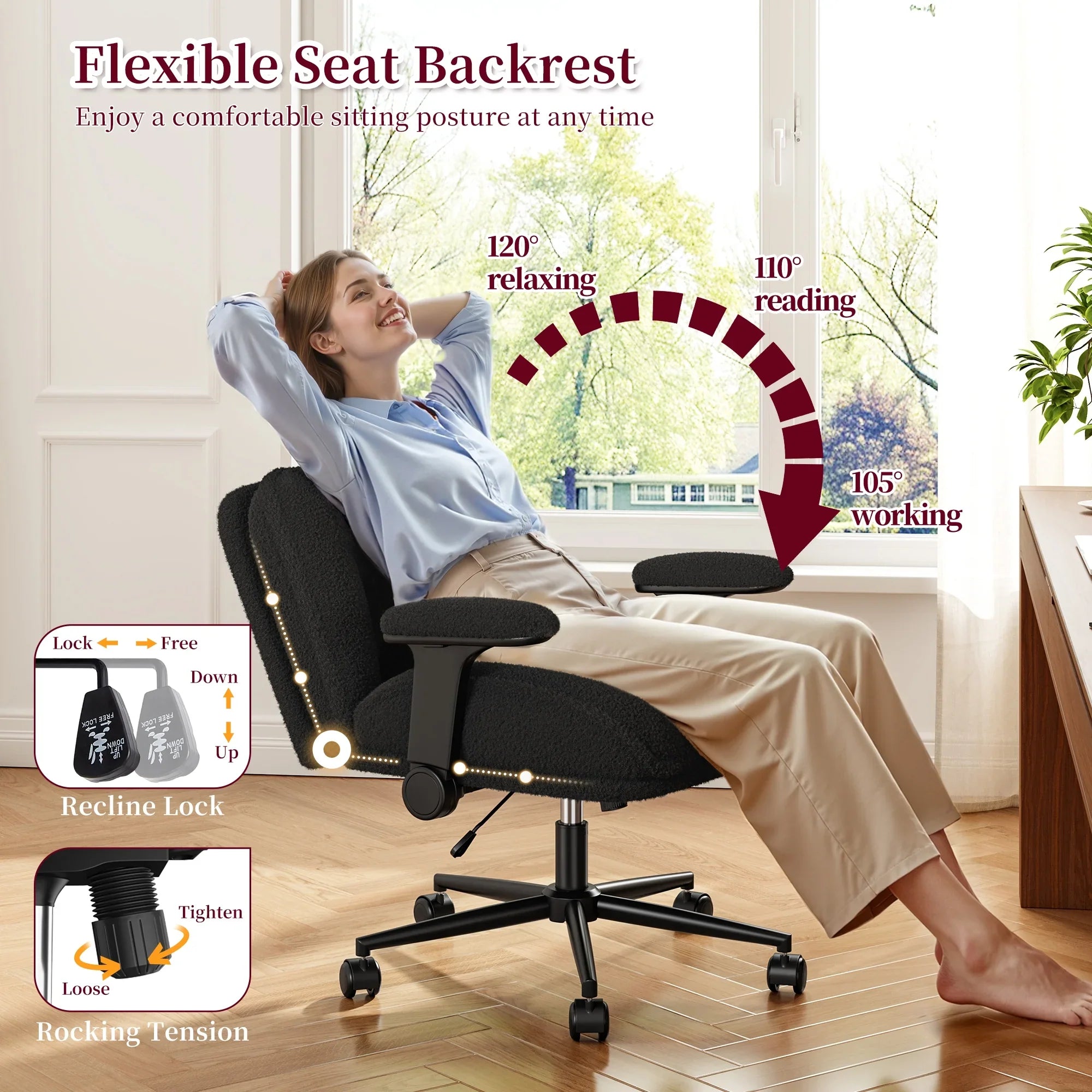 2026 New Romorgniz Criss Cross Chair with Adjustable Arms & Lumbar Support Office Chair with Reclining Back, Thick Cushion & Wheels for Office, Gaming, Reading, Vanity, Off-White - Image 20