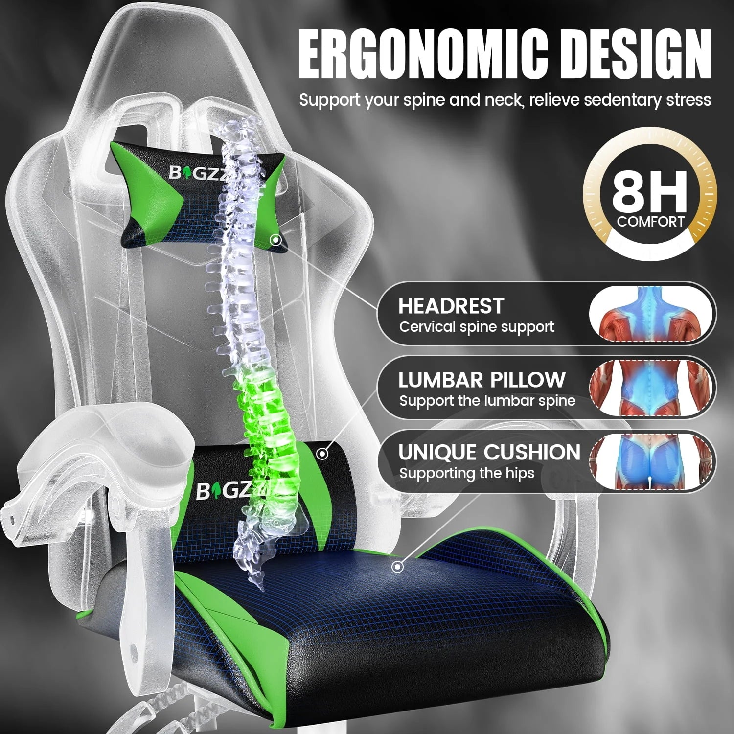 2026 New Bigzzia Gaming Chair Office Chair, Ergonomic Game Chair with Height Adjustable Headrest and Lumbar Support for Adults Teens, Black & White - Image 79