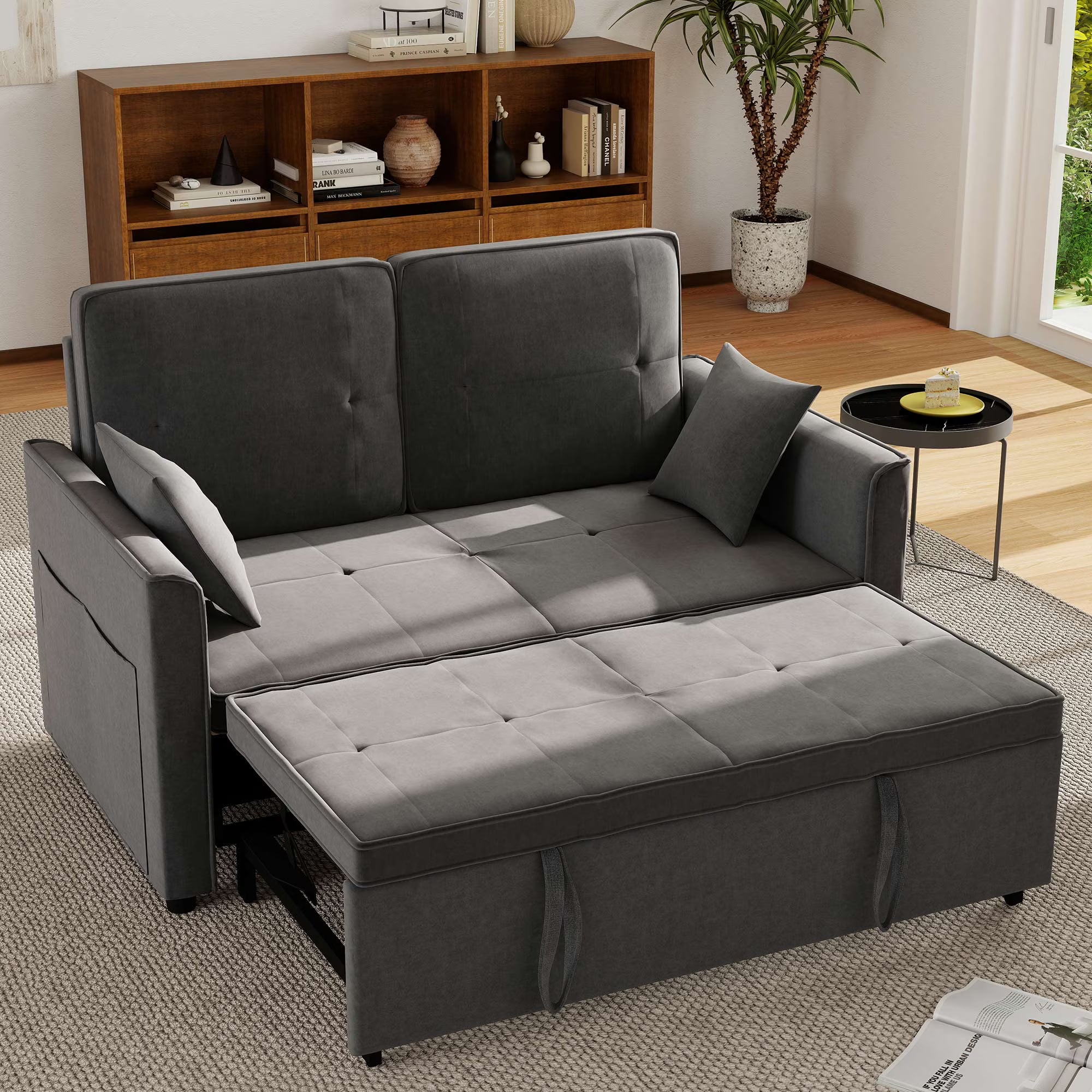 2026 New Convertible Sofa Bed,3-in-1 Sleeper Sofa with Pull Out Bed,Velvet Highly Elastic Sponge Futon Couch Loveseat with Adjustable Backrest and 2 Pillows for Living Room,Gray