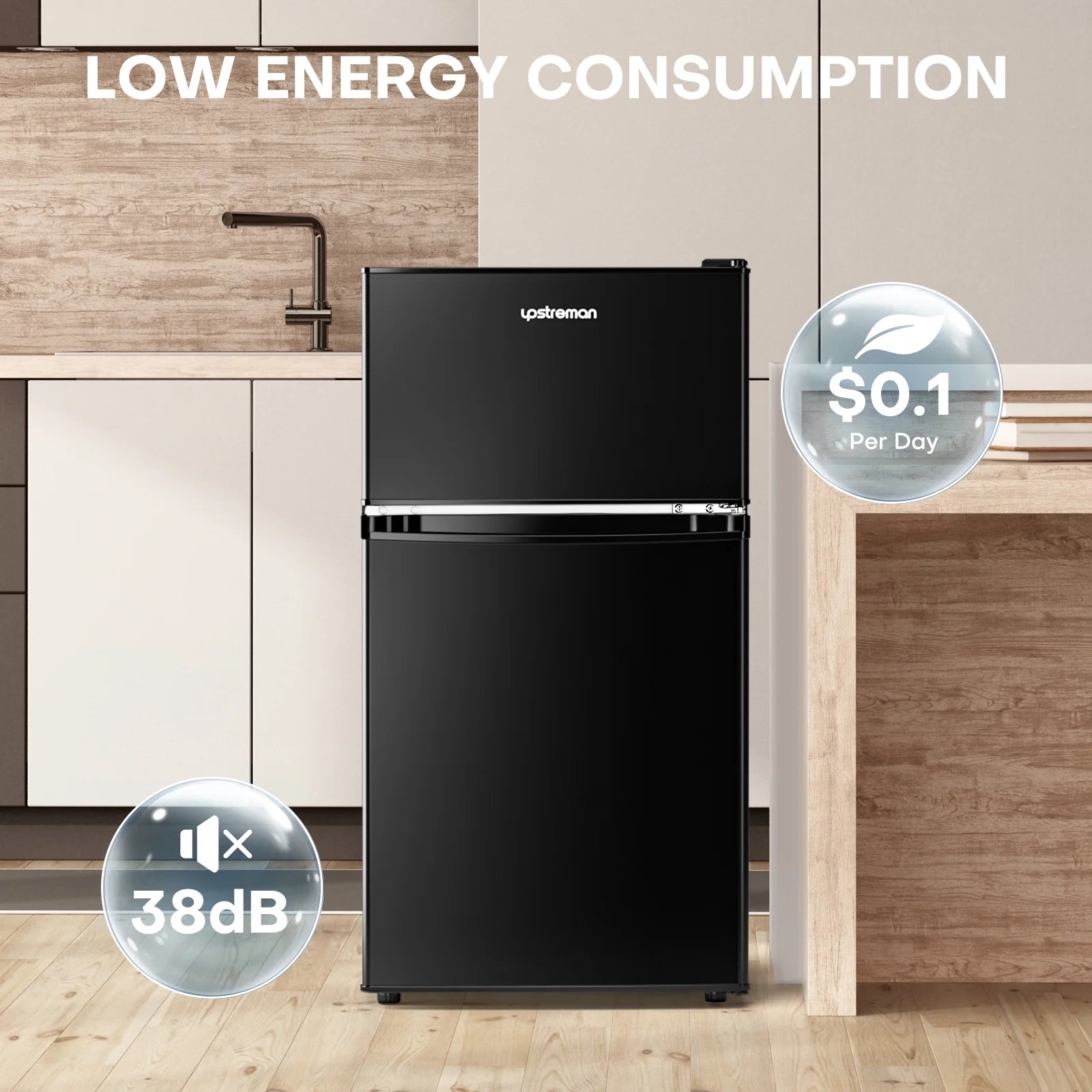 2026 New Upstreman 3.2 Cu.Ft Mini Fridge with Top Freezer, 2 Door Small Compact Refrigerator, Energy Saving, Adjustable Thermostat, Adjustable Legs, for Apartment Office Dorm Bedroom Garage RV, BD321 Black - Image 6