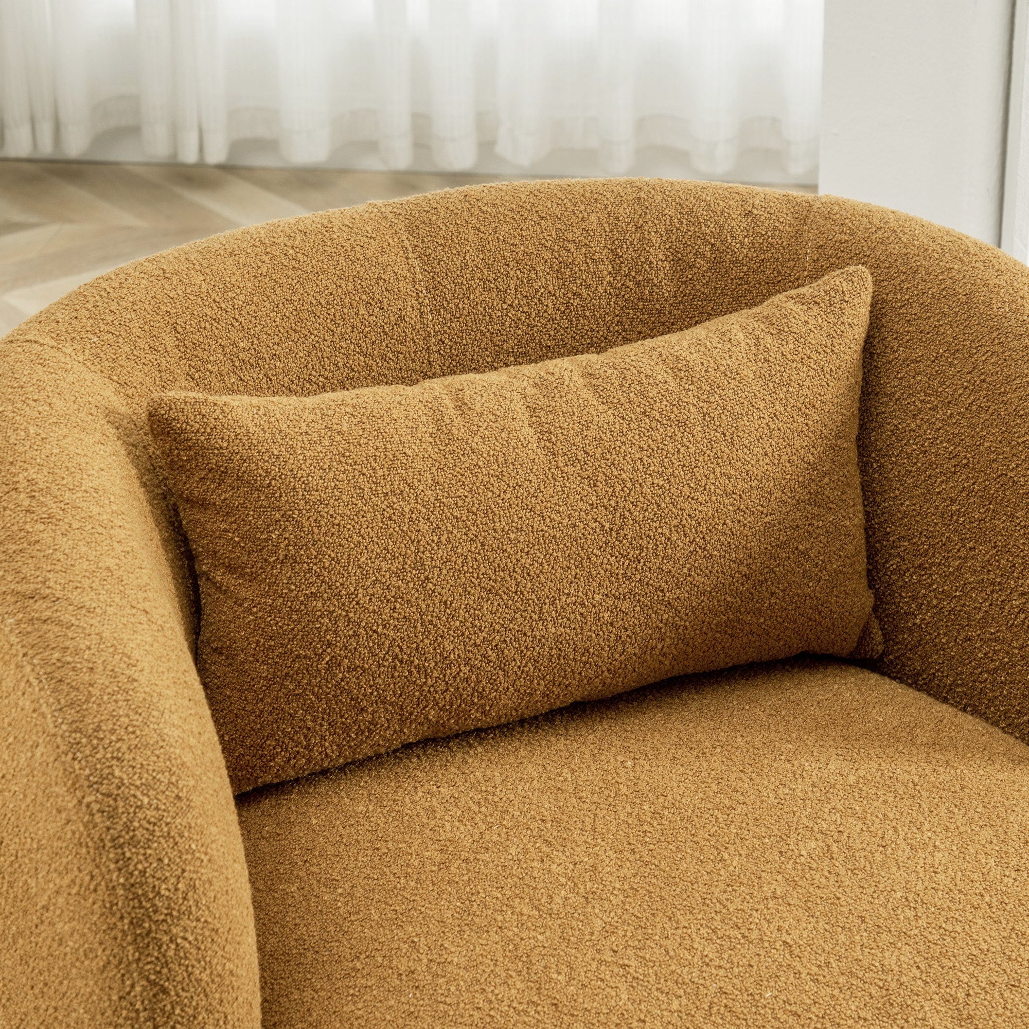 2026 New 34" Wide Boucle Swivel Barrel Chair, No Assembly Round Upholstered Armchair Accent Chair Single Sofa Chair with Toss Pillow for Living Room and Bedroom, Taupe - Image 40