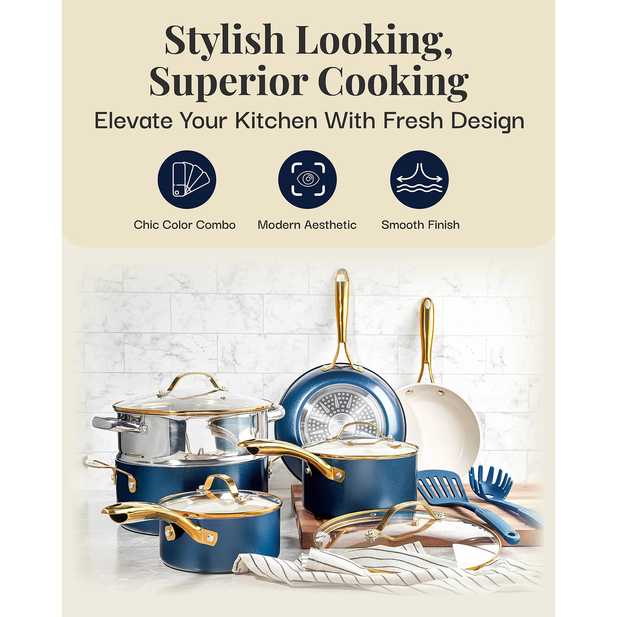 2026 New Gotham Steel 15 Pc Ceramic Cookware Set Nonstick, Ceramic Pots and Pans Set Non Stick with Steamer & Cooking Utensils, Non Toxic, Premium Stay Cool Handles, Oven & Dishwasher Safe, Blue - Image 4