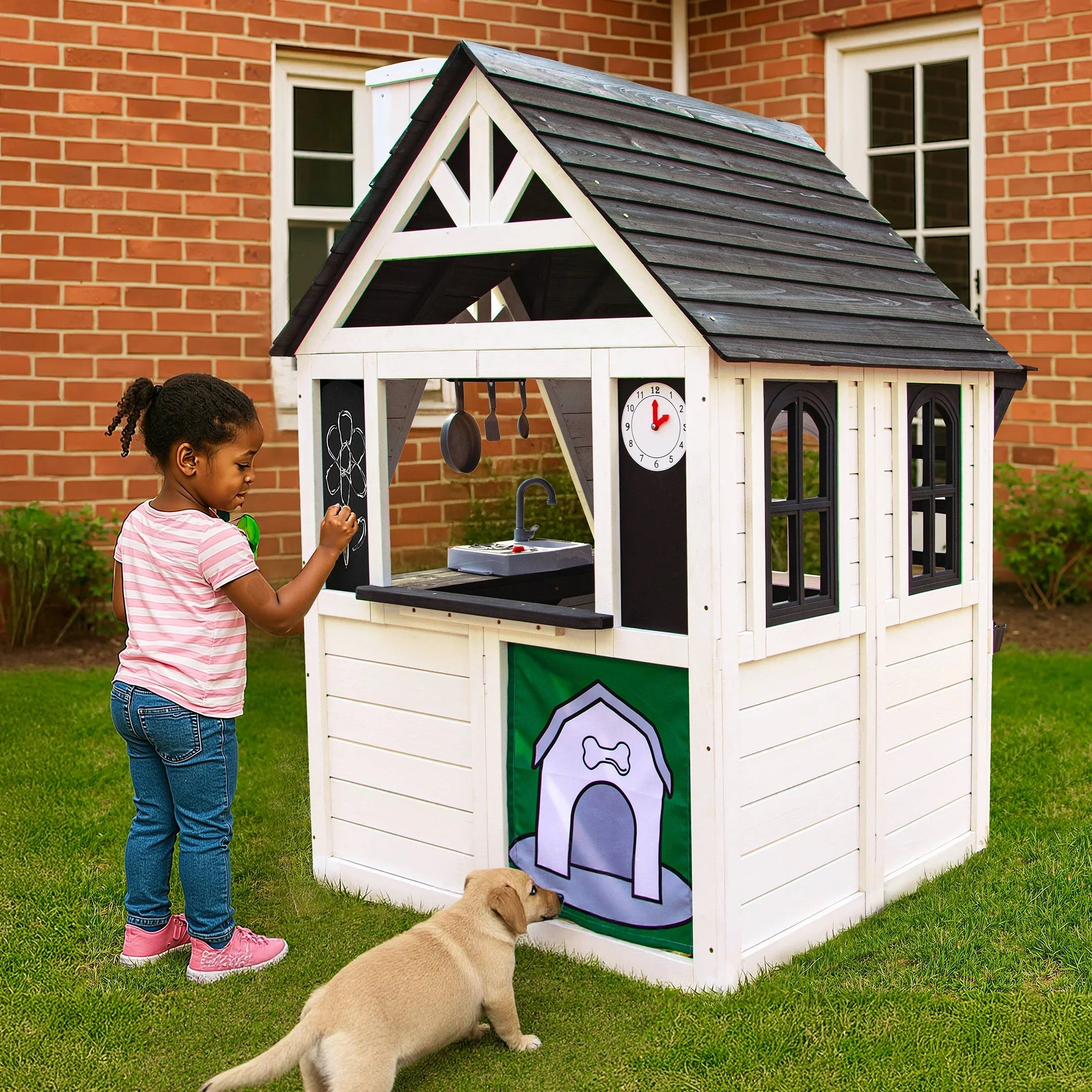 2026 New COCLUB Outdoor Playhouse for Kids Ages 4-8, Wooden Play House with Doorbell, Phone, Kitchen Toys, Outdoor Kids Play Equipment, Casa Para Niñas (45”L x 65”H), White & Black - Image 6
