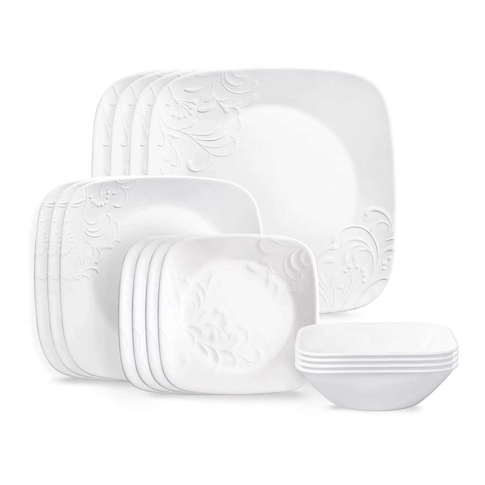2026 New Corelle Cherish 16-Piece Embossed Square Glass Dinnerware Set (Service for 4)