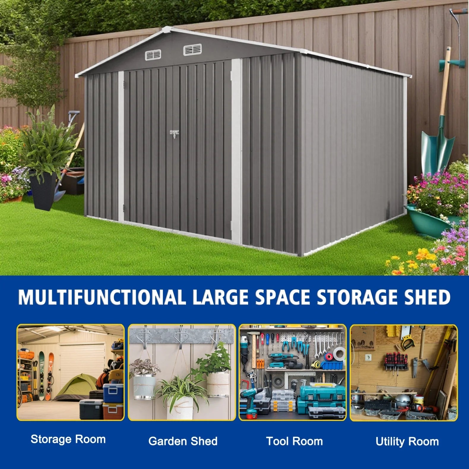 2026 New 10 x 8 FT Outdoor Storage Shed, Large Metal Storage Shed, Lockable Door and Air Vent, Clear Window Garden Tool Shed for Bicycles, Tools, Lawnmowers, Backyards, Patios, Lawns - Gray - Image 8