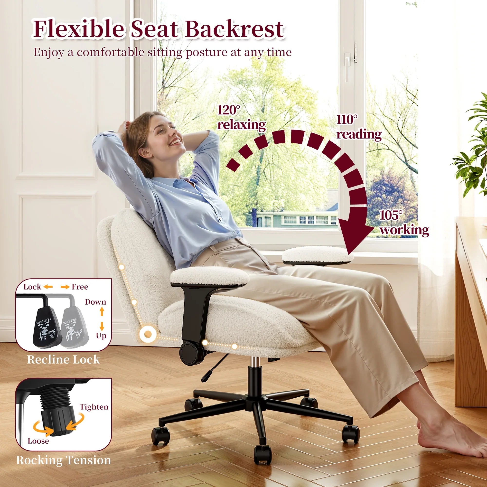 2026 New Romorgniz Criss Cross Chair with Adjustable Arms & Lumbar Support Office Chair with Reclining Back, Thick Cushion & Wheels for Office, Gaming, Reading, Vanity, Off-White - Image 10