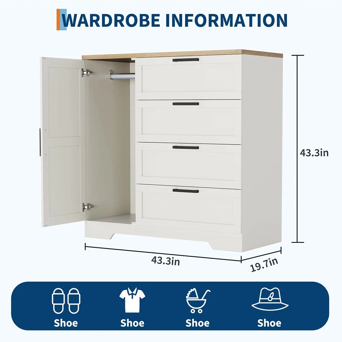 2026 New Ataucjin Wood Armoire Wardrobe Closet with 4 Drawers and Door, 43.3" H Bedroom Wardrobe Cabinet with Hanging Rod, Clothing Storage Cabinets, 4 Drawers Dresser with Storage Closet - Image 16