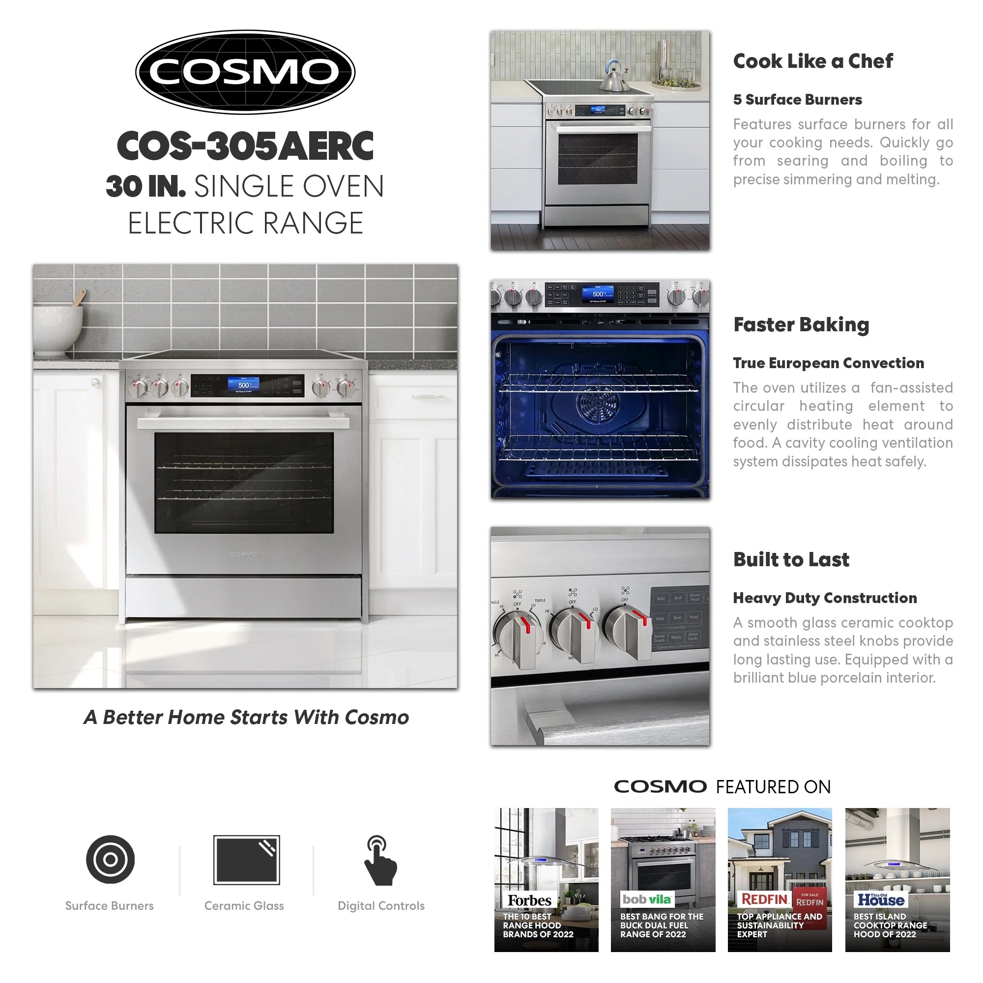 2026 New Cosmo COS-305AERC 30 in. Stainless Steel Electric Range with Convection Oven - Image 8
