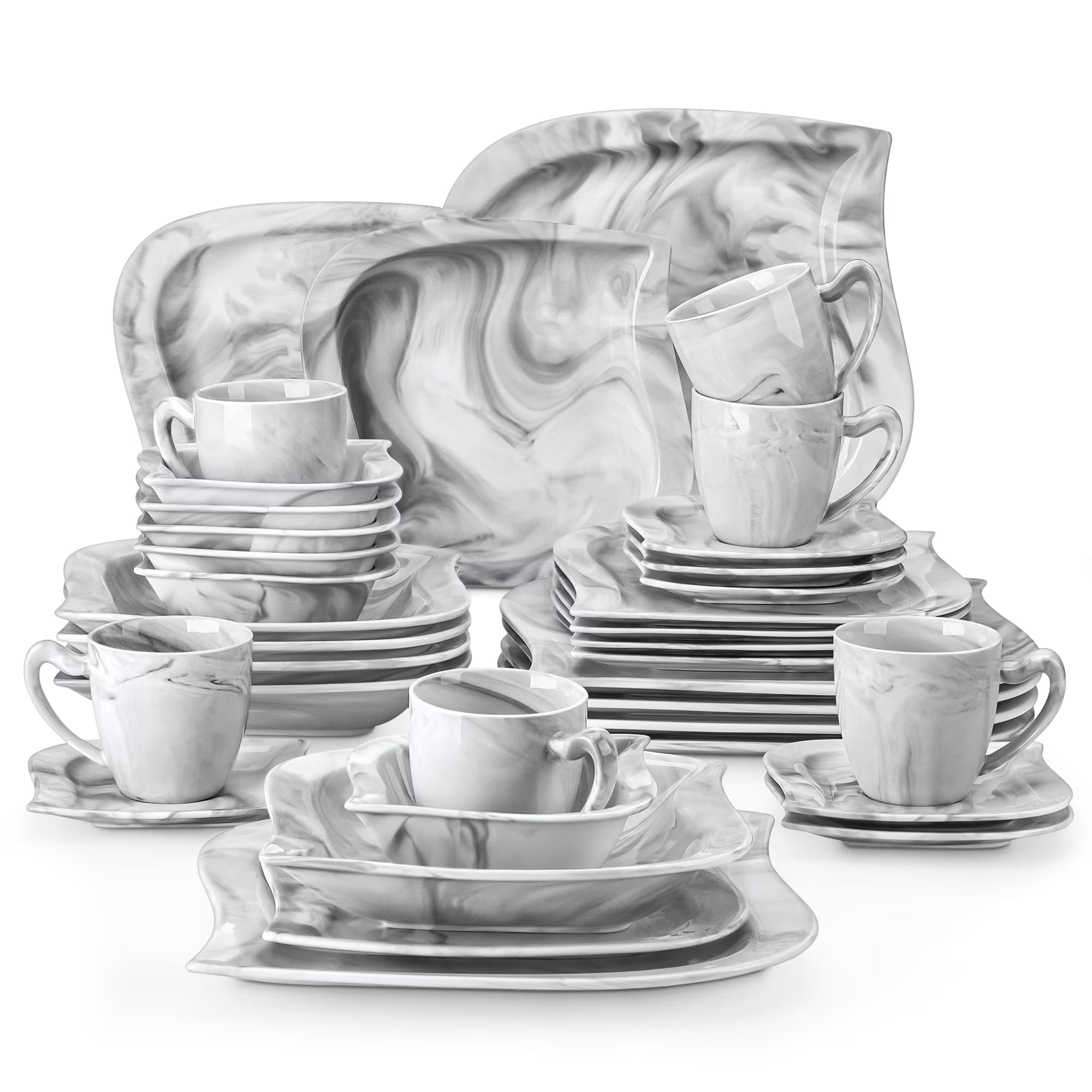 2026 New vancasso 36 pcs Dinnerware Sets, Plates and Bowls Set for 6, Porcelain Dinner Set, Marble Gray