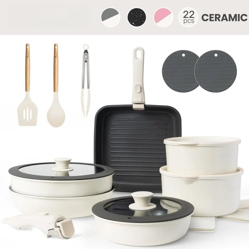2026 New Non-Toxic Nonstick Ceramic 22 pcs pots and pans set complete Cookware Set with Lids,Detachable Handle,PFAS-Free,Dishwasher Oven Safe,Kitchen Outdoorfun Induction Compatible - Image 4