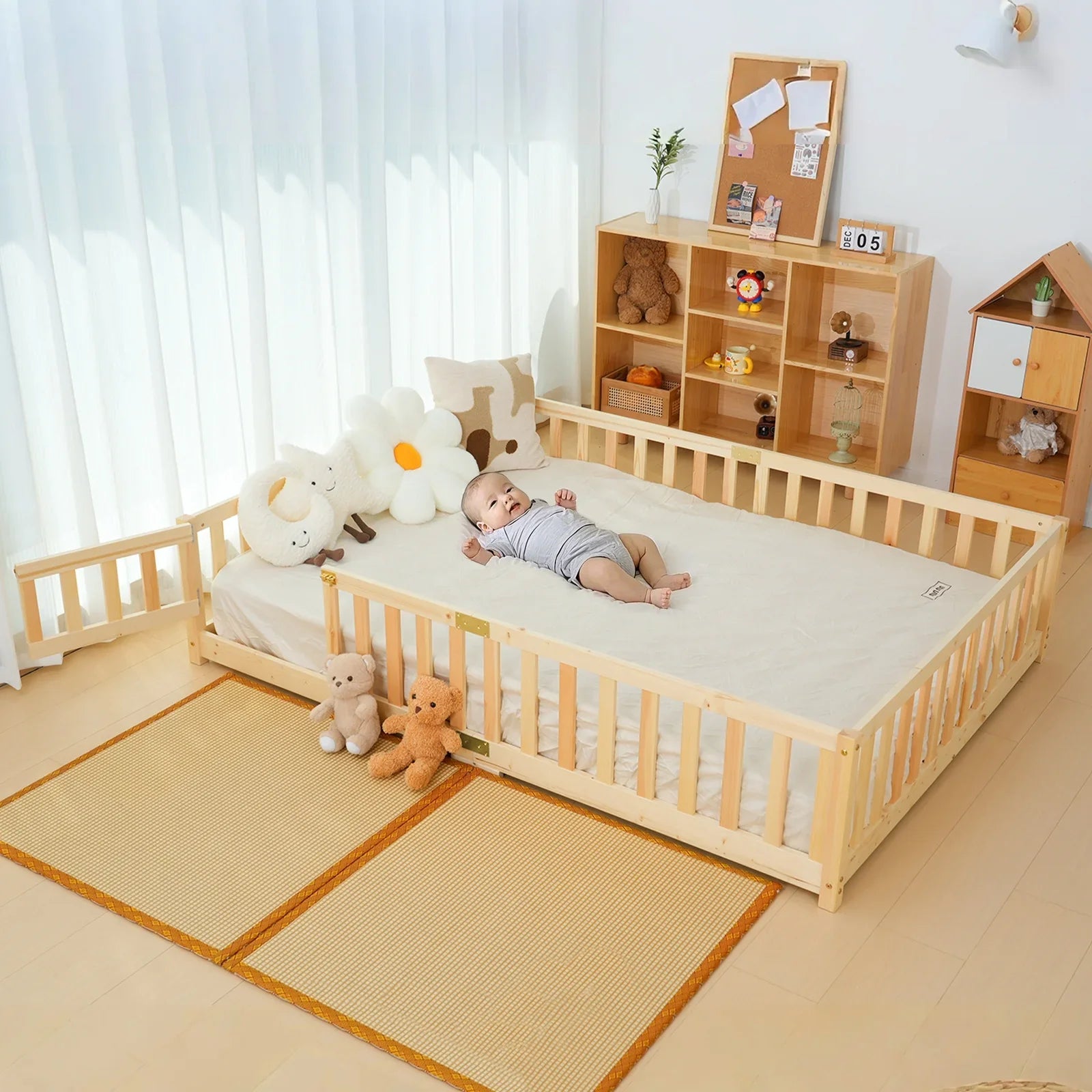 2026 New Slsy Twin Size Toddler Floor Bed, Solid Wood Montessori Bed Frame with Fence & Door Montessori Floor Bed Crib with Safety Guardrails for Girls and Boys - Image 20