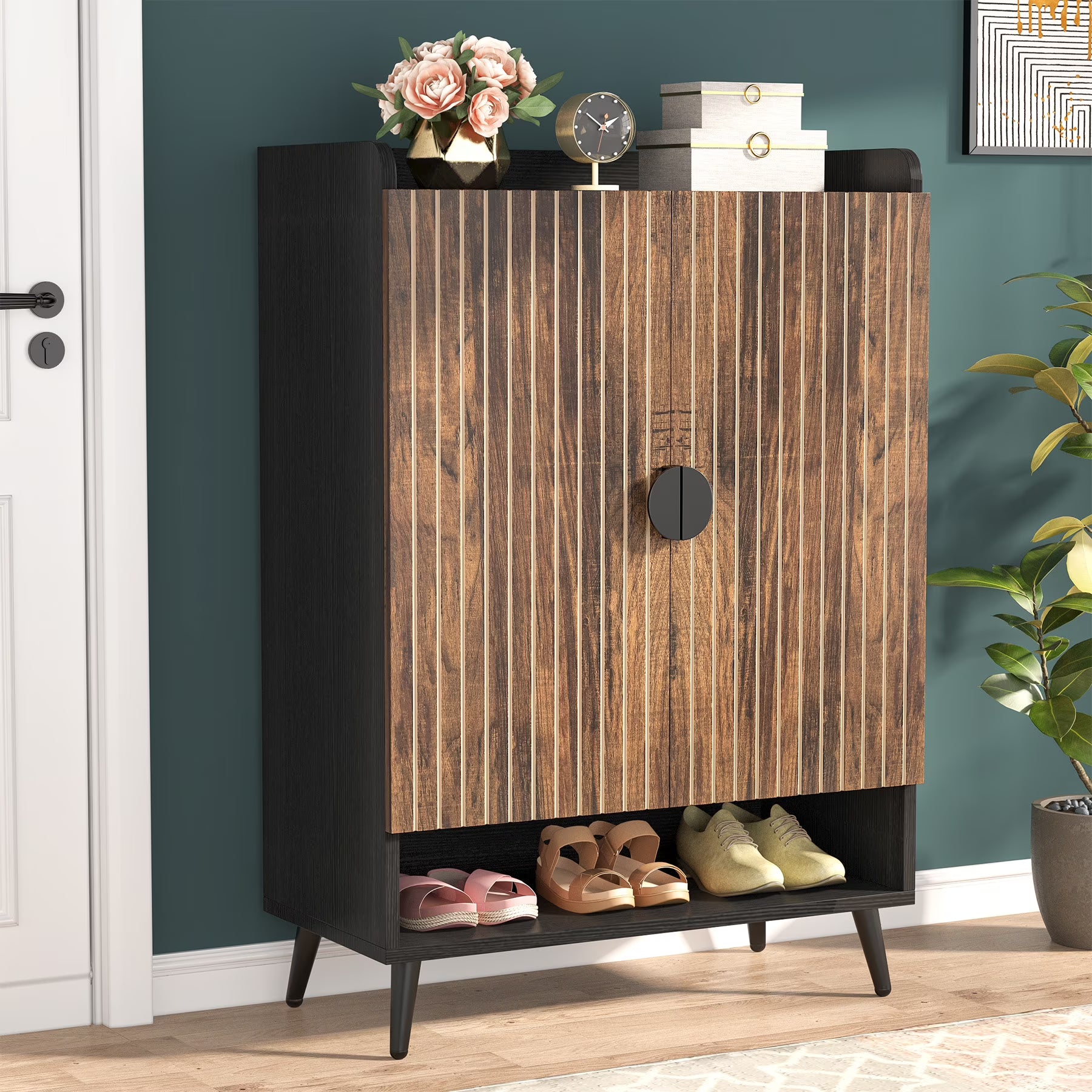 2026 New Tribesigns Shoe Cabinet with Doors, 7-Tier Shoe Storage Cabinet with Adjustable Shelves, Wood Grain Shoes Rack Shoe Organizer