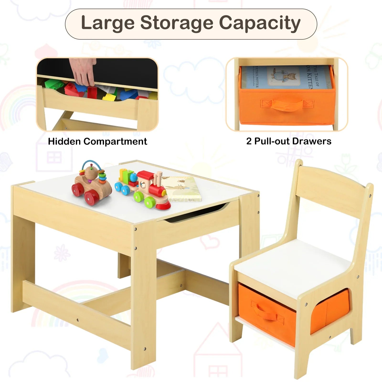 2026 New LINLUX Kids Table and 2 Chairs Set, Children Activity Table Chairs with Chalkboard/Whiteboard, Grey - Image 13