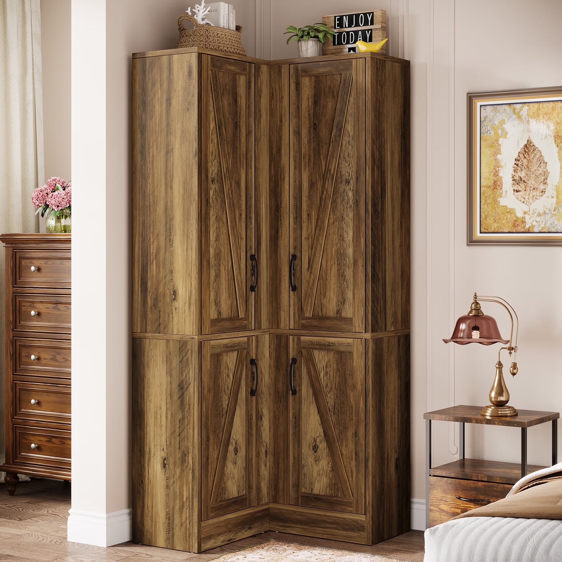 2026 New Tribesigns 70.8" Tall Corner Cabinet, Farmhouse Storage Cabinet with 4 Doors & 5 Storage Shelves