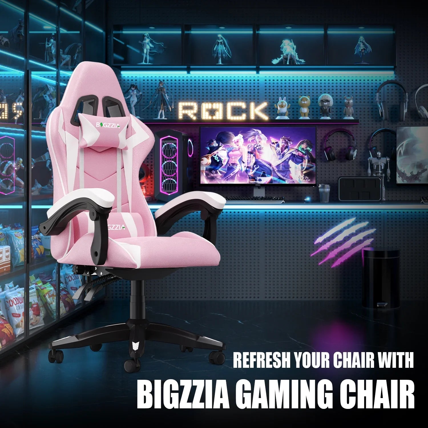 2026 New Bigzzia Gaming Chair Office Chair, Ergonomic Game Chair with Height Adjustable Headrest and Lumbar Support for Adults Teens, Black & White - Image 56