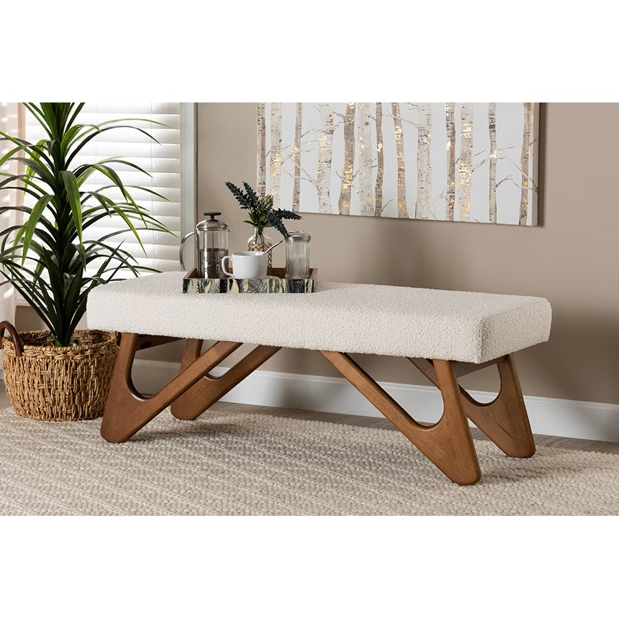 2026 New Baxton Studio Rika Japandi Cream Boucle Fabric and Walnut Brown Finished Wood Bench
