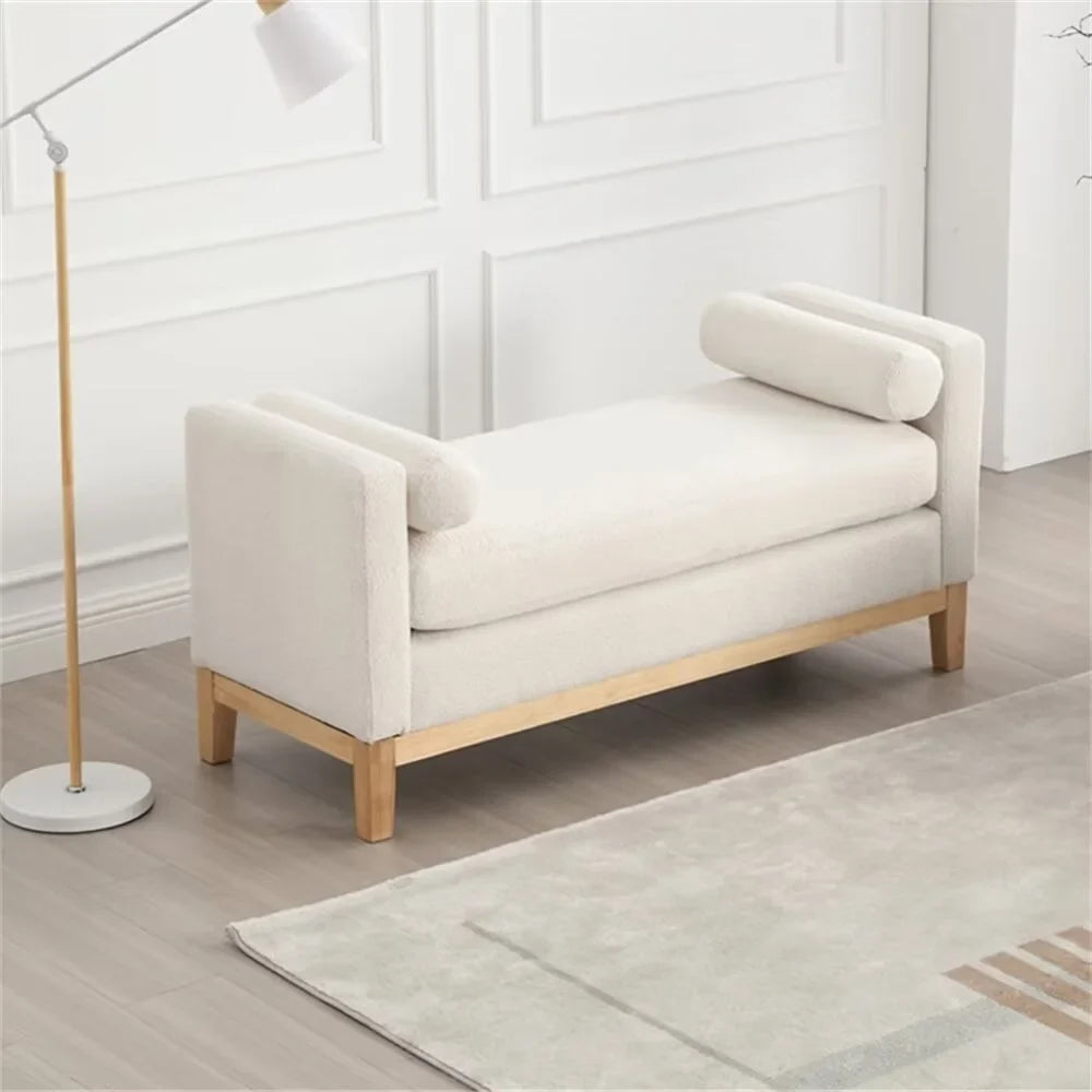 2026 New End of Bed Bench, 53.5" Boucle Fabric Upholstered Entryway Bench with Wood Legs & Bolster Pillows, Rolled Arm Cushioned Ottoman Foot Rest Long Stool Window Extra Seating for Bedroom, Ivory - Image 8