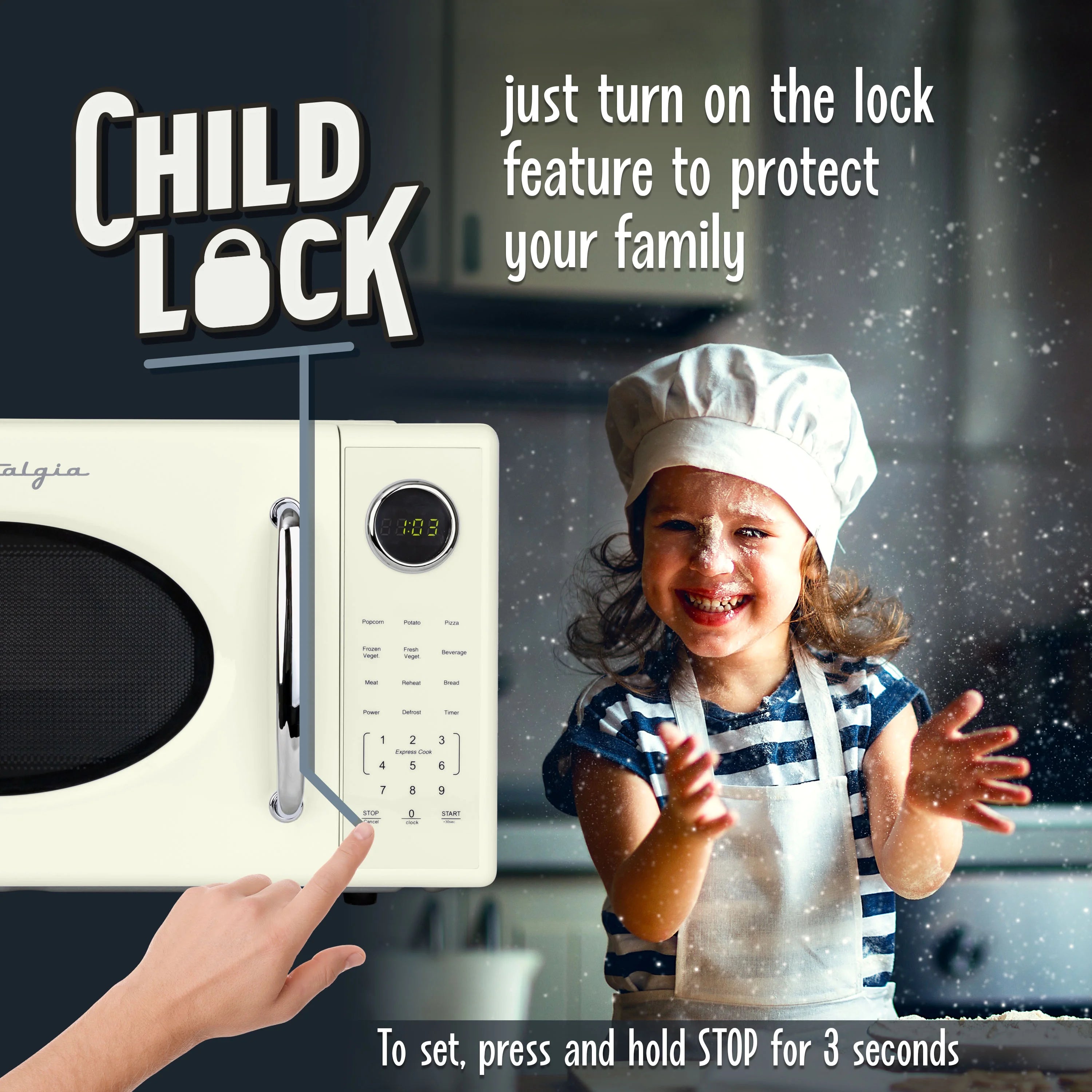 2026 New Nostalgia Retro Microwave Oven - 1.1 Cu Ft & 1000-Watt Countertop Size with Glass Turntable, Child Safety Lock, 8 Auto-Cook Programs & Digital Clock - Black - Image 12