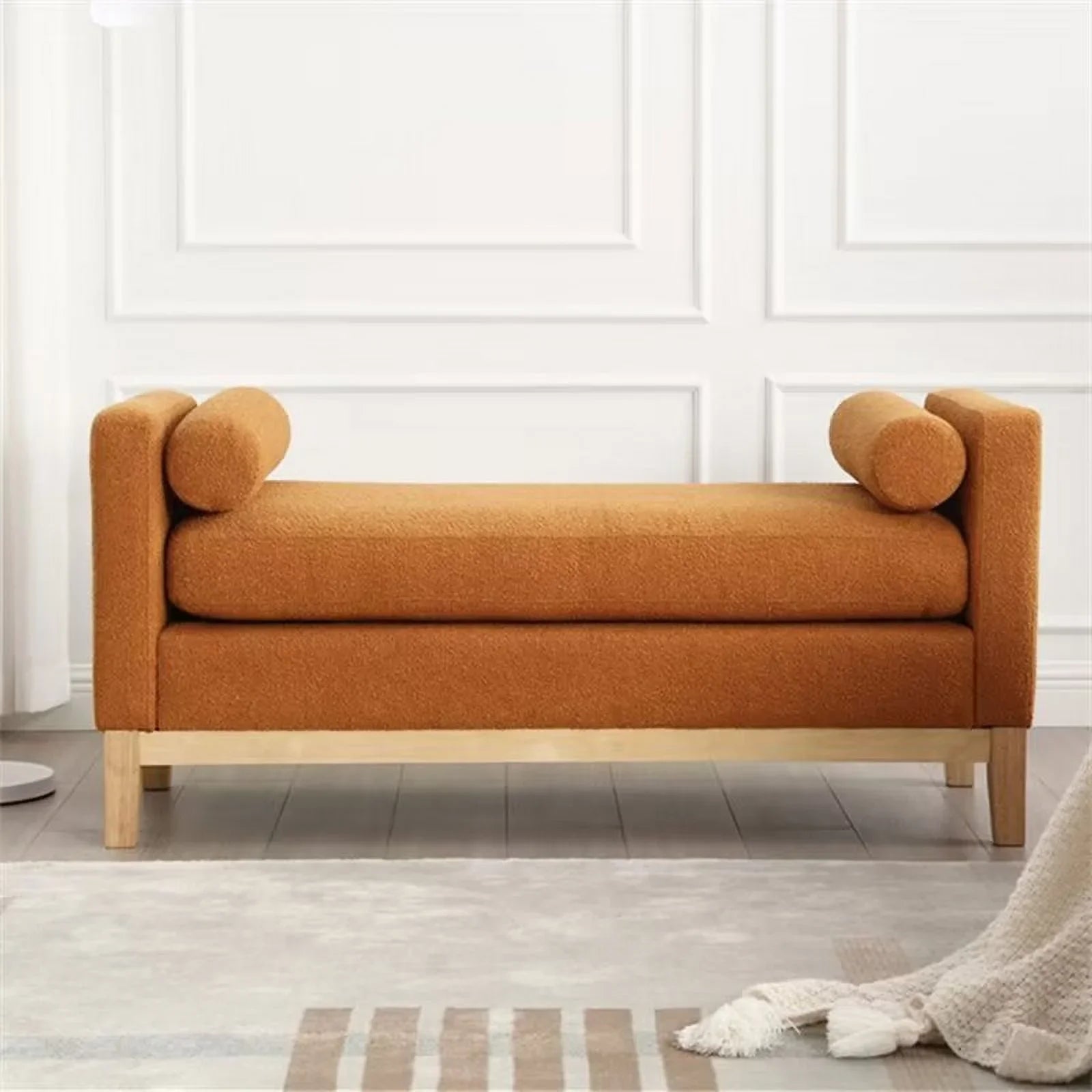 2026 New End of Bed Bench, 53.5" Boucle Fabric Upholstered Entryway Bench with Wood Legs & Bolster Pillows, Rolled Arm Cushioned Ottoman Foot Rest Long Stool Window Extra Seating for Bedroom, Ivory - Image 28