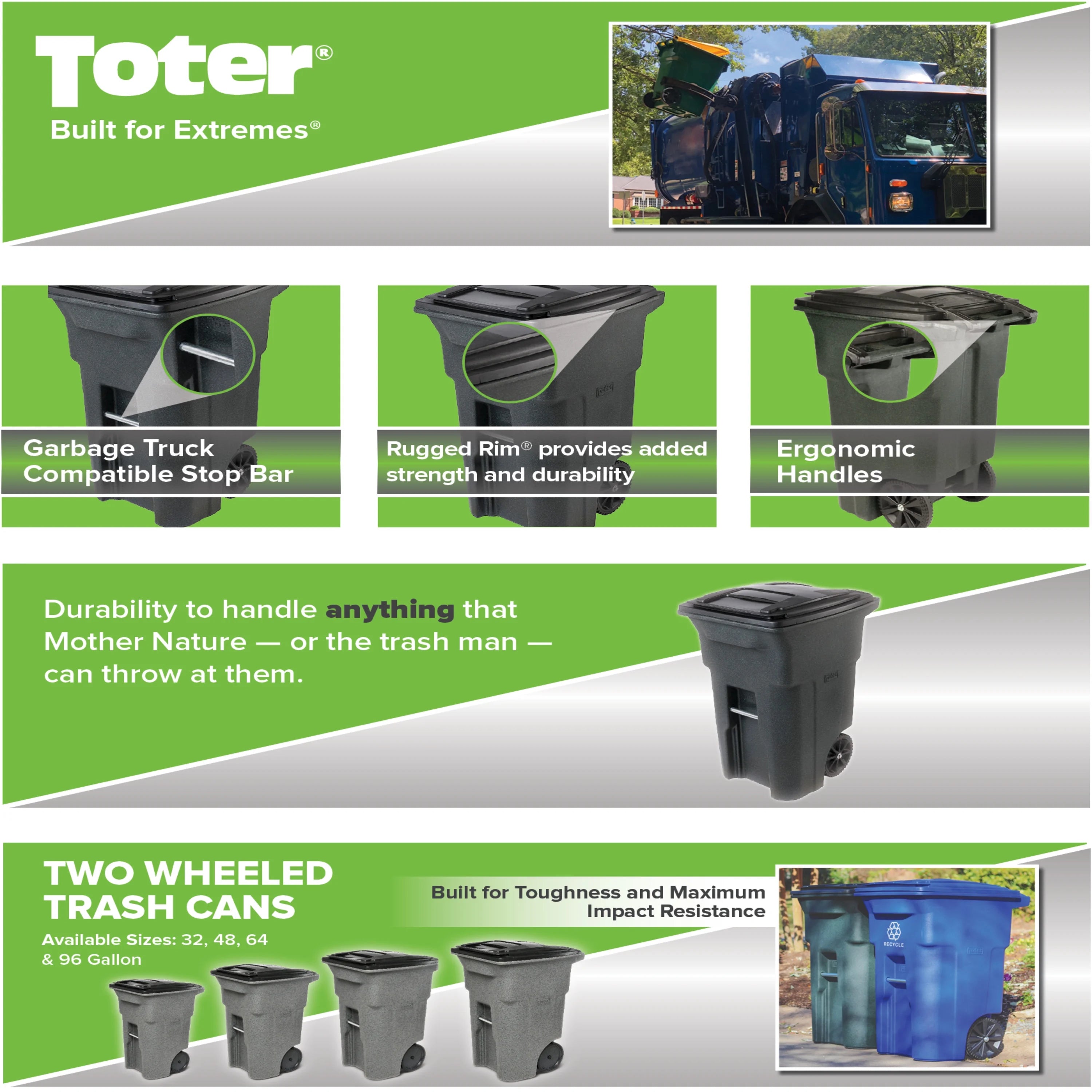 2026 New Toter Trash Can Graystone with Wheels and Lid, 64 Gallon - Image 6