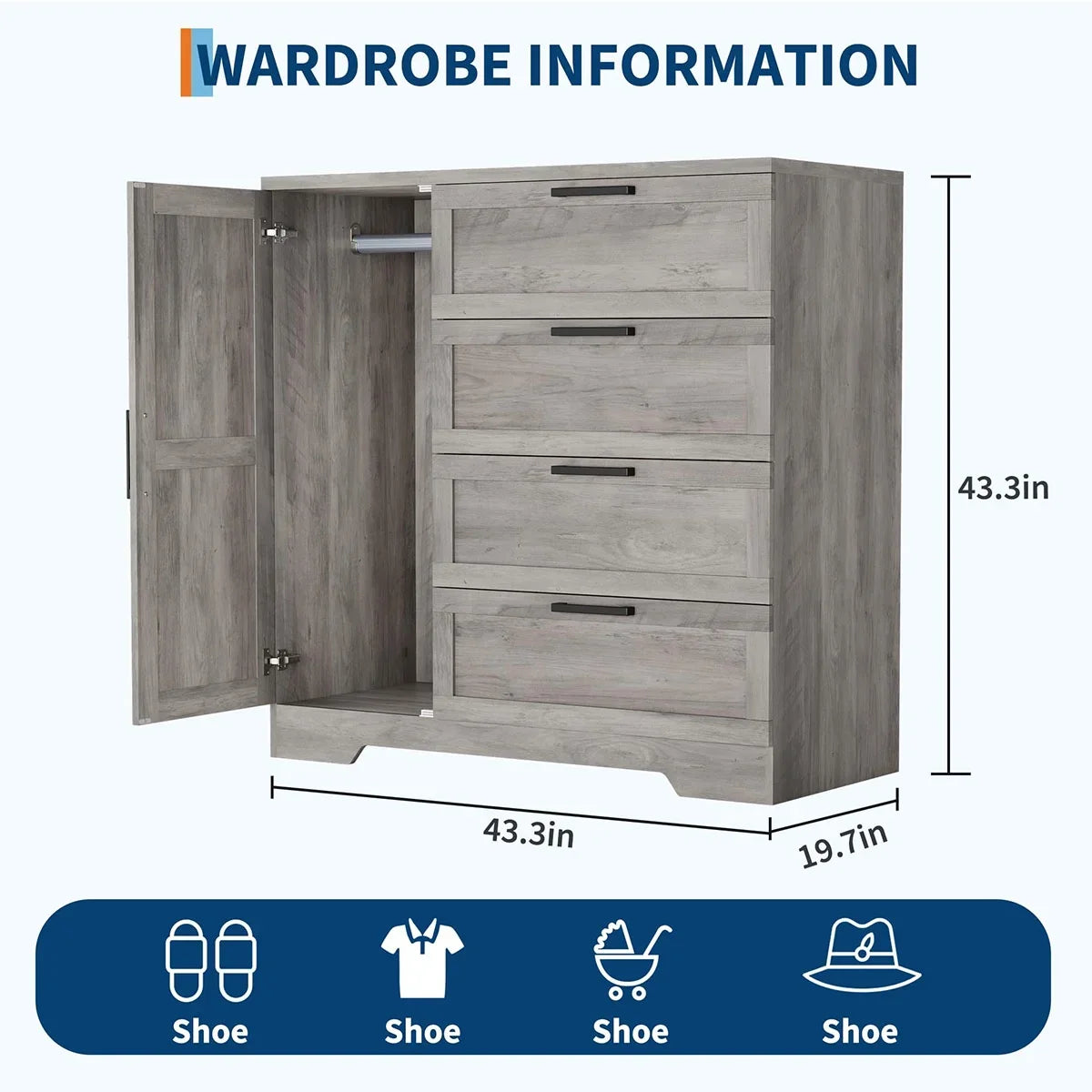 2026 New Ataucjin Wood Armoire Wardrobe Closet with 4 Drawers and Door, 43.3" H Bedroom Wardrobe Cabinet with Hanging Rod, Clothing Storage Cabinets, 4 Drawers Dresser with Storage Closet - Image 10