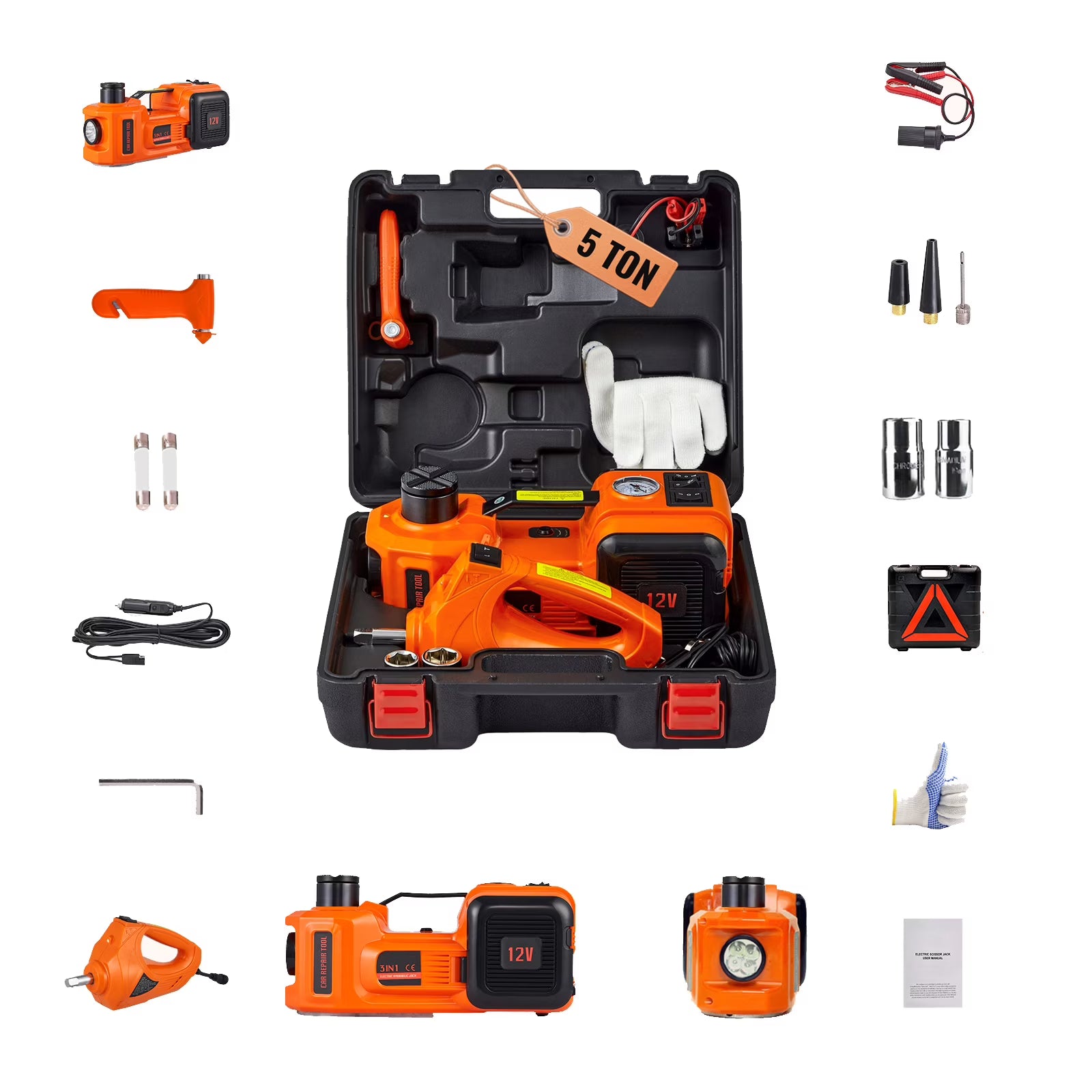 2026 New KFFKFF Electric Car Jack, 5 Ton Capacity Hydraulic Lift with Electric Wrench, Compact Vehicle Elevator with Integrated Air Pump and LED for SUVs, MPVs, Sedans, and Trucks, Tire Change and Repair