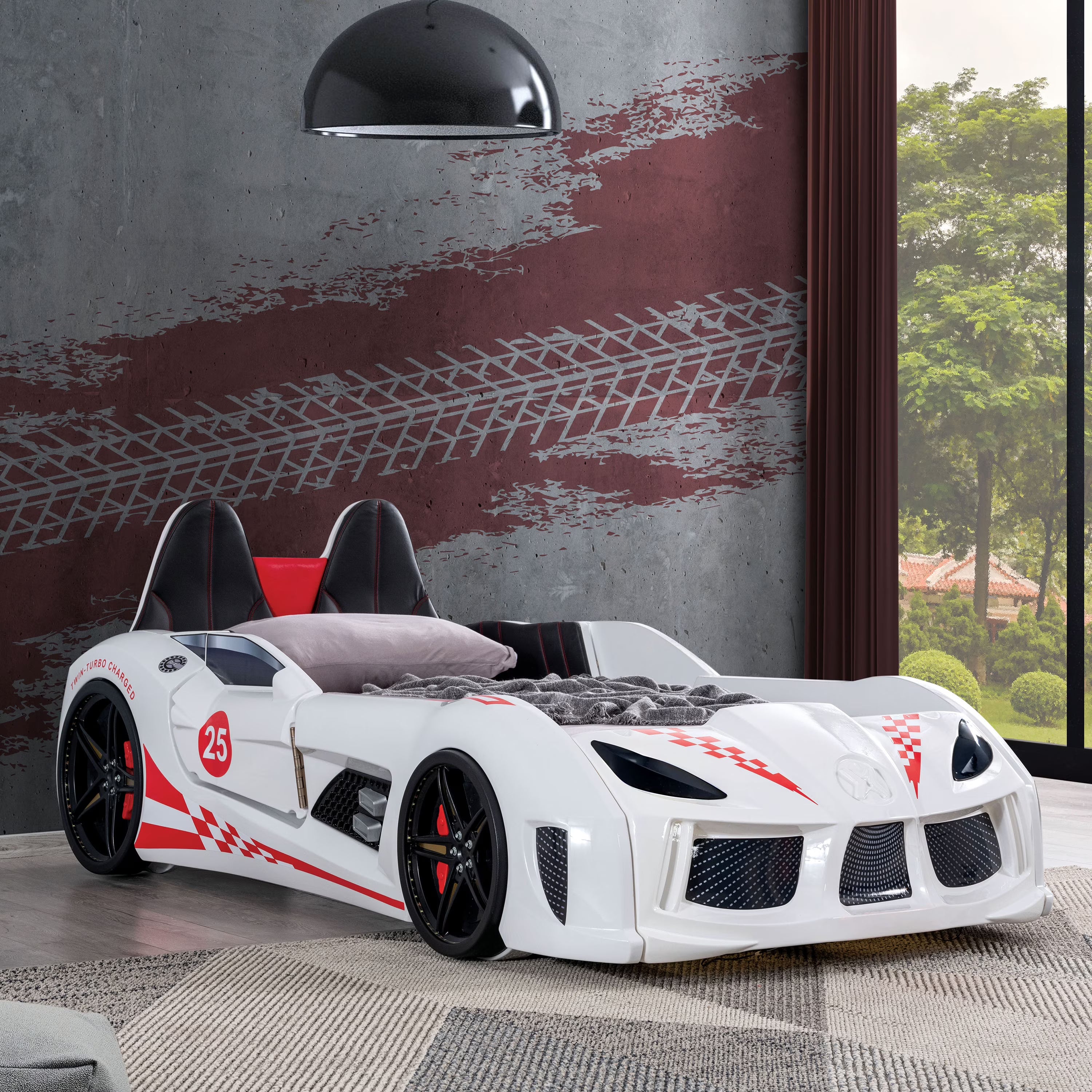 2026 New Furniture of America Dash Kids Plastic Twin Race Car Bed with LED and Sound, White