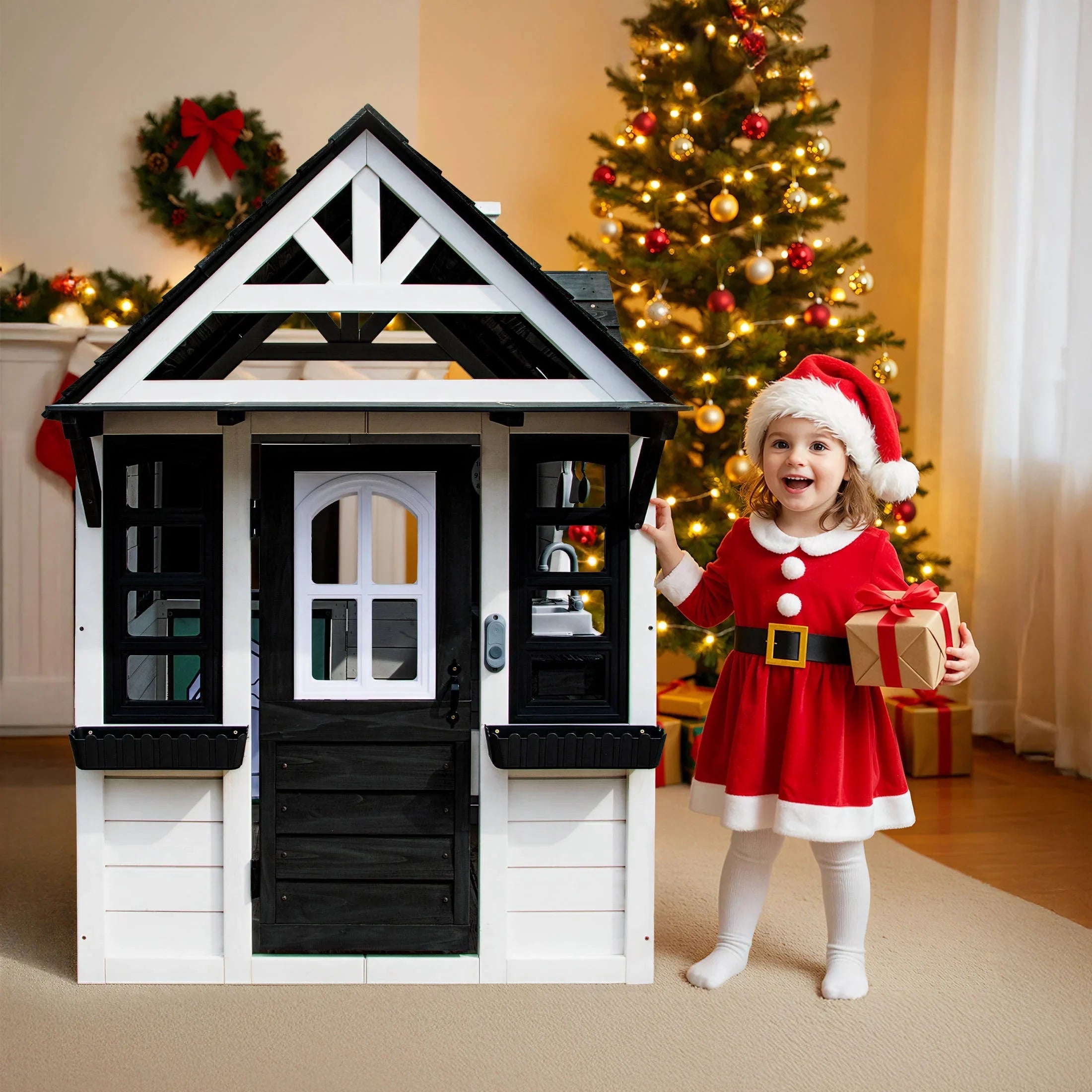 2026 New COCLUB Outdoor Playhouse for Kids Ages 4-8, Wooden Play House with Doorbell, Phone, Kitchen Toys, Outdoor Kids Play Equipment, Casa Para Niñas (45”L x 65”H), White & Black - Image 12