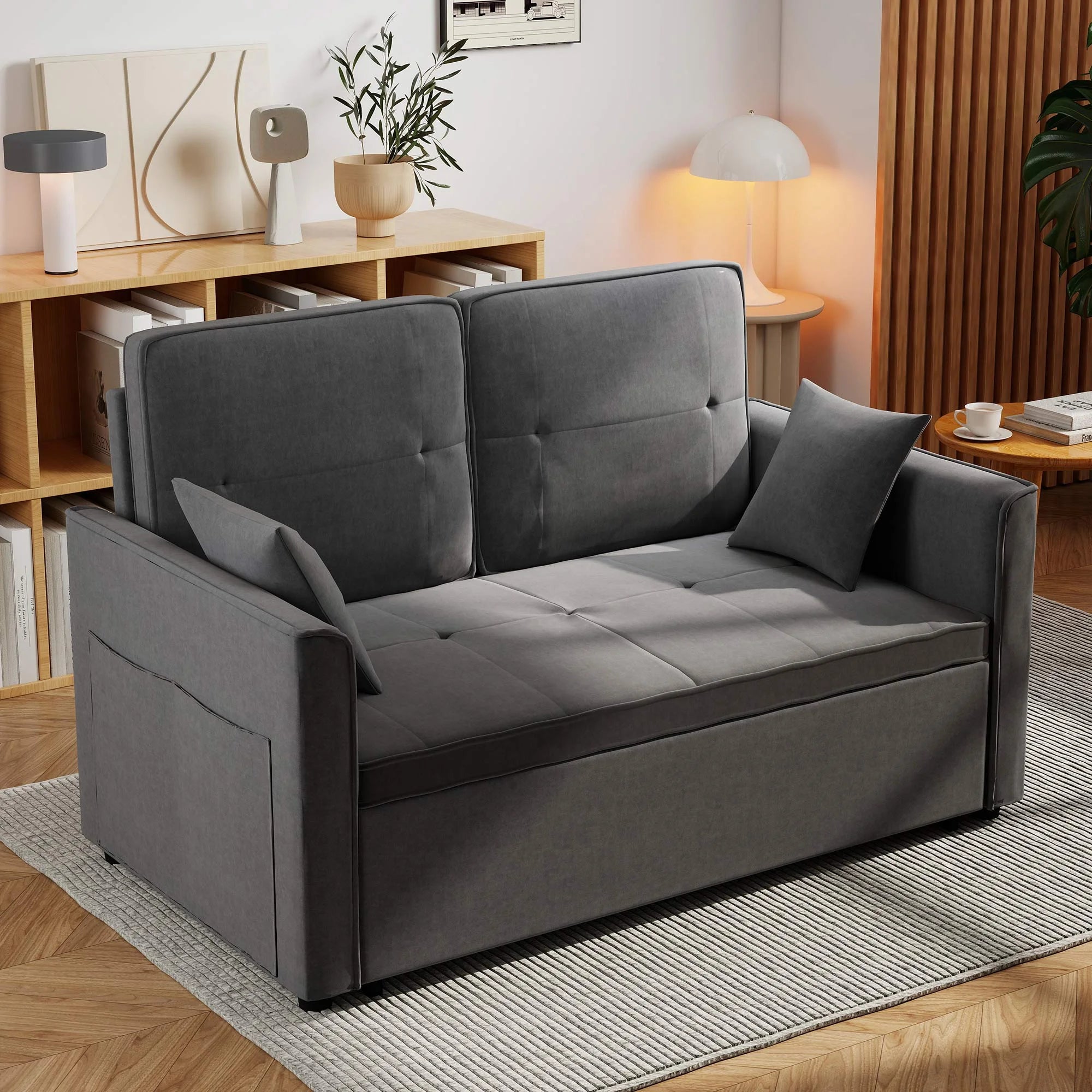 2026 New Convertible Sofa Bed,3-in-1 Sleeper Sofa with Pull Out Bed,Velvet Highly Elastic Sponge Futon Couch Loveseat with Adjustable Backrest and 2 Pillows for Living Room,Gray - Image 7