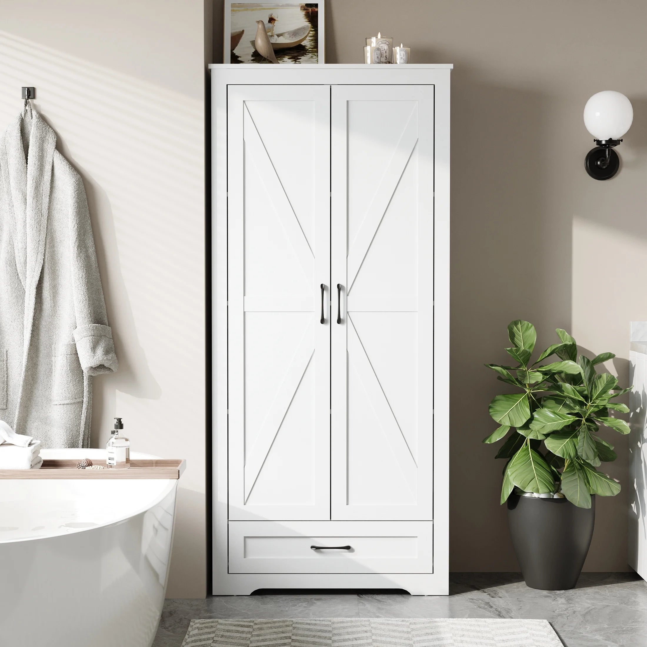 2026 New YouTrend 69" Tall Kitchen Pantry,Farmhouse Storage Cabinet with 2 Barn Doors 4 Adjustable Shelves and Large Drawer for Dining Room,Living Room,Bathroom,White - Image 10