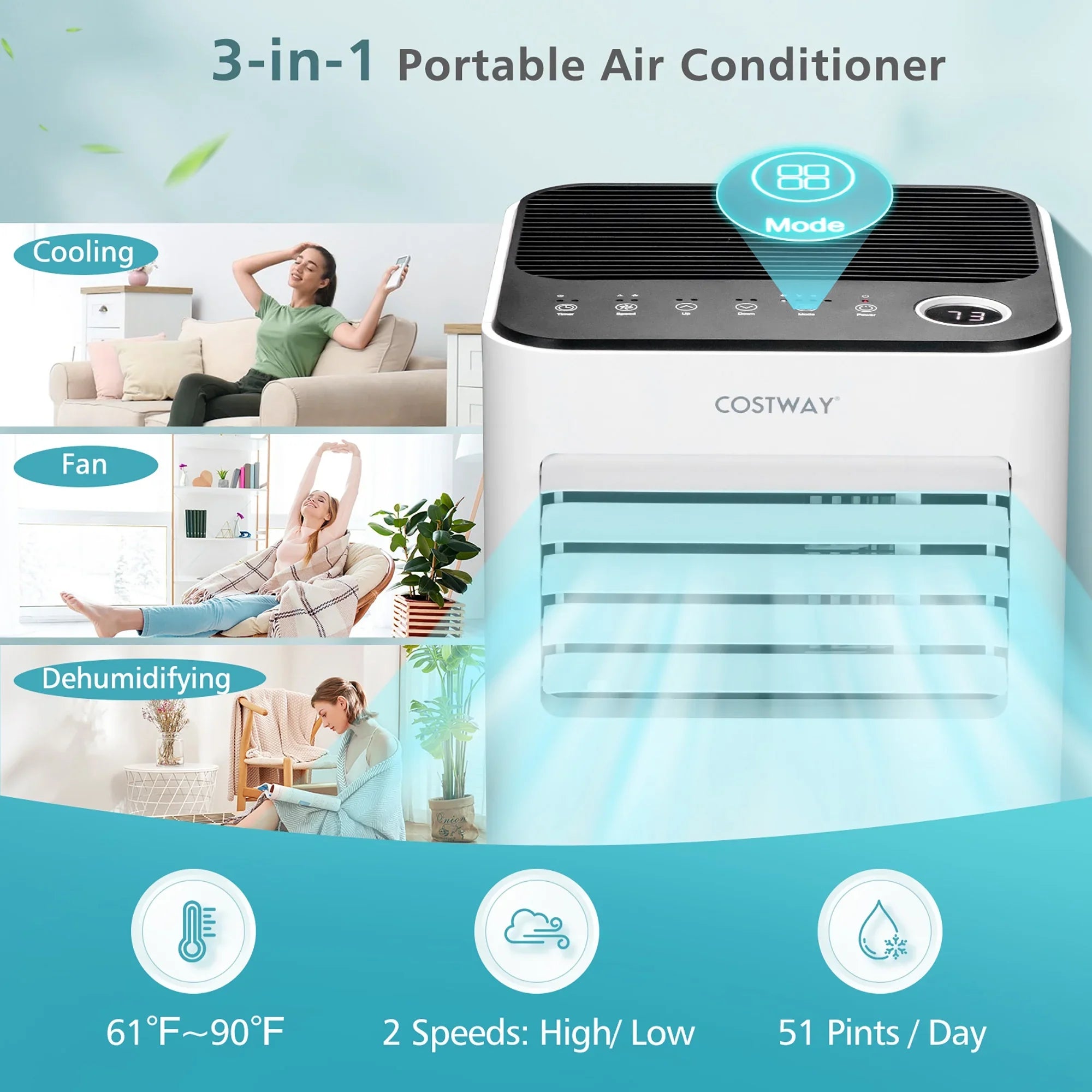 2026 New Costway 10000 BTU Portable Air Conditioner 3-in-1 Air Cooler with Fan Dehum Sleep Mode - Image 3
