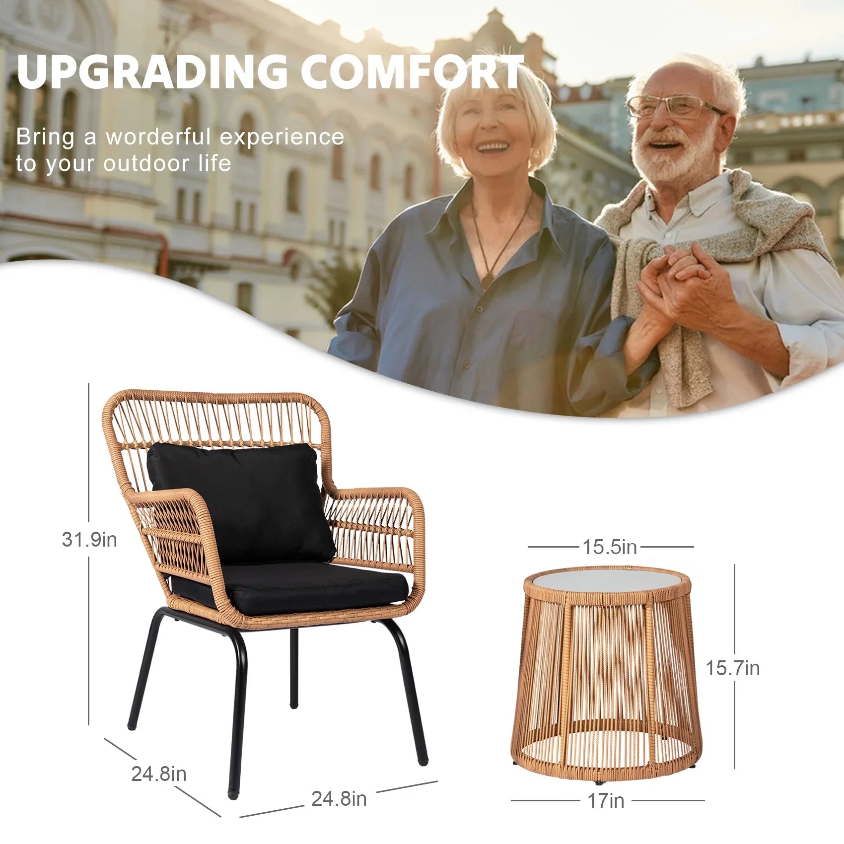 2026 New Tappio 3-Piece Patio Conversation Bistro Set Rattan Furniture, Outdoor Patio Set w/Glass Top Table & Cushions for Garden Balcony Backyard Poolside, Yellow/Beige - Image 29