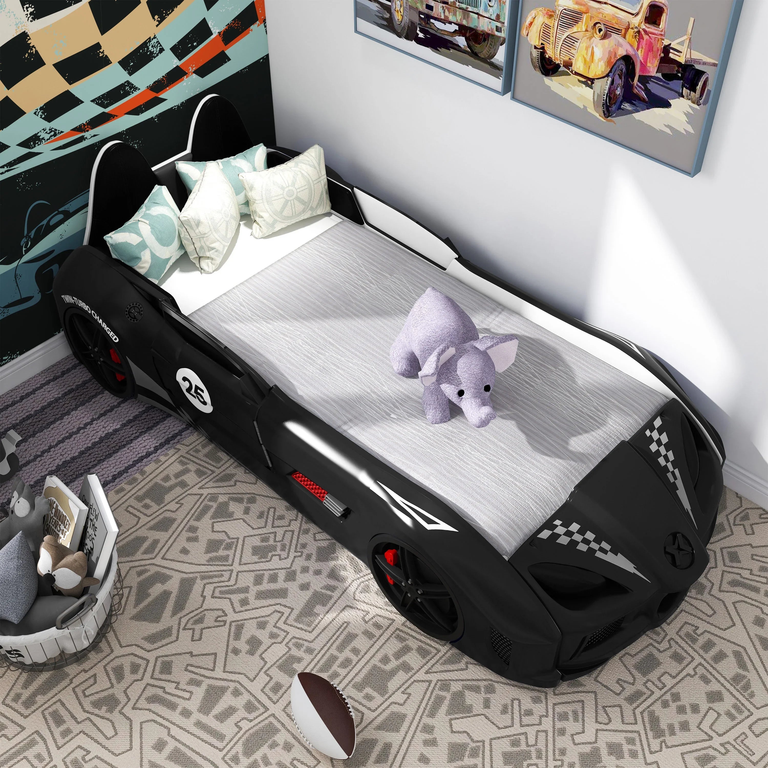 2026 New Furniture of America Dash Kids Plastic Twin Race Car Bed with LED and Sound, White - Image 25