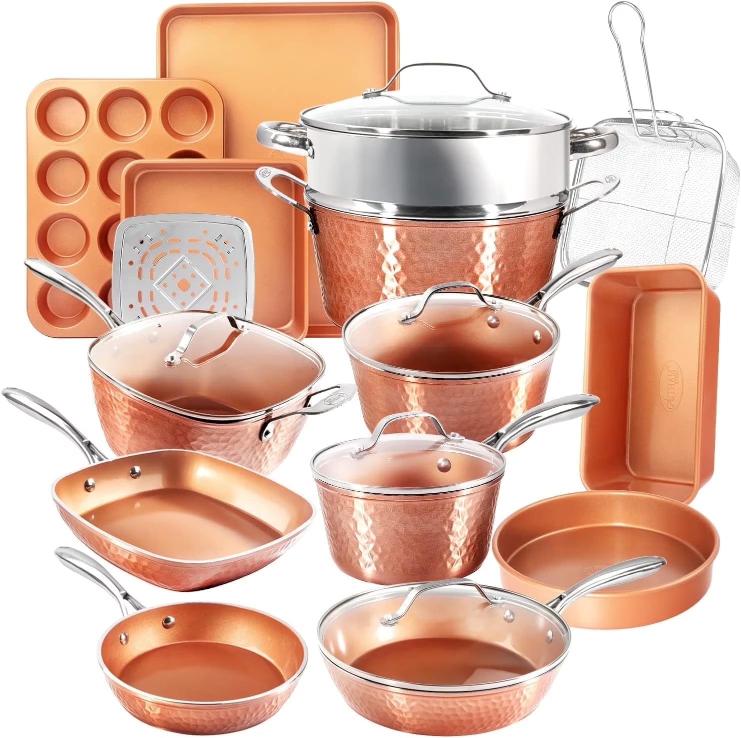 2026 New Gotham Steel Hammered 20 Pc Ceramic Cookware Set Nonstick, Induction Pots and Pans Set, Non Toxic Cookware Sets, Oven & Dishwasher Safe - Copper