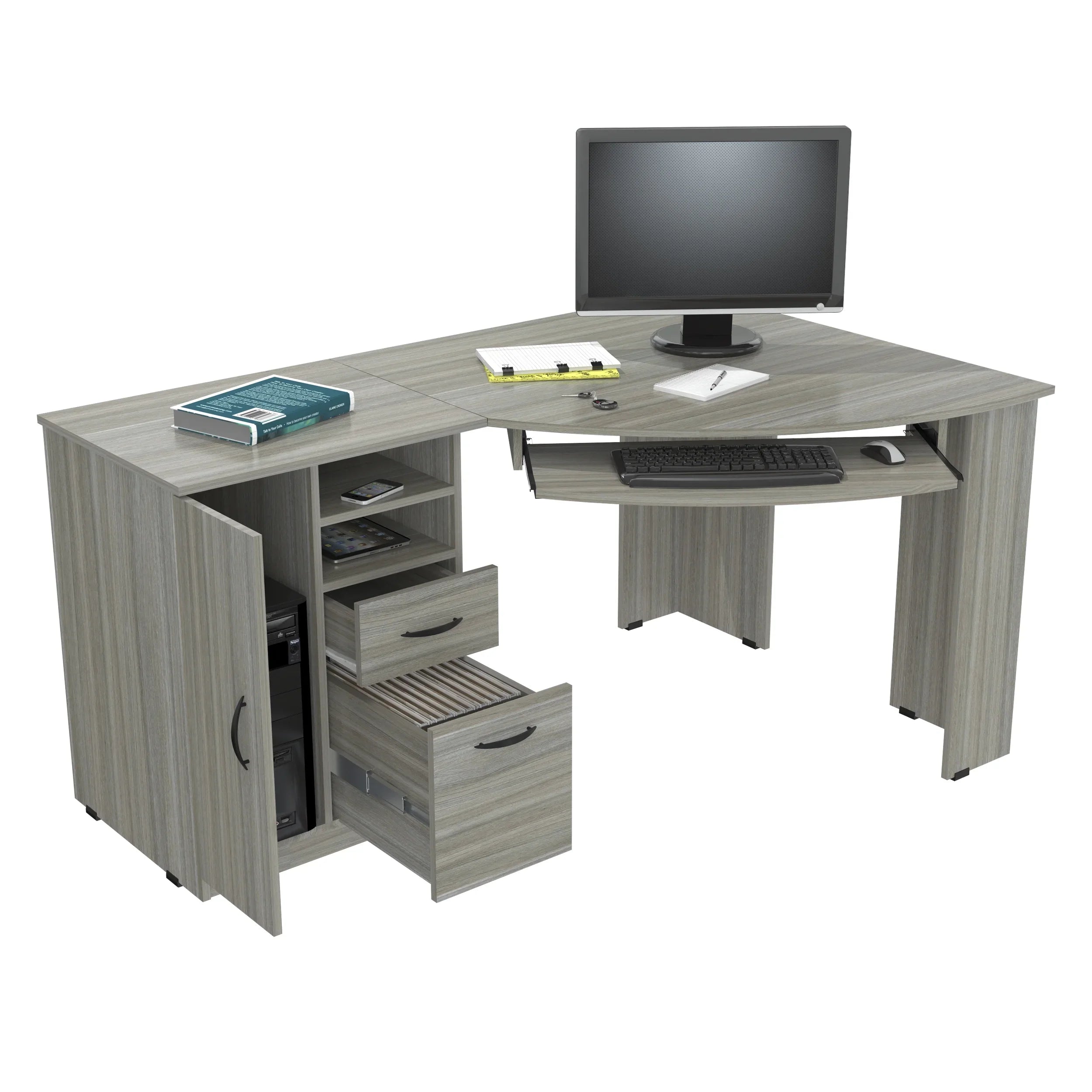 2026 New Inval Modern Corner Desk with 2 Drawers and Cabinet, Washed Oak - Image 12