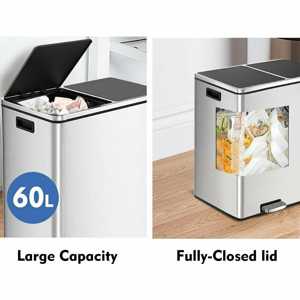 2026 New LAZY BUDDY Dual Garbage Can, Stainless Steel 16 Gallon Step Kitchen Trash Can with Soft-Close Lid, Double Compartment Garbage Recycling Bin - Image 19