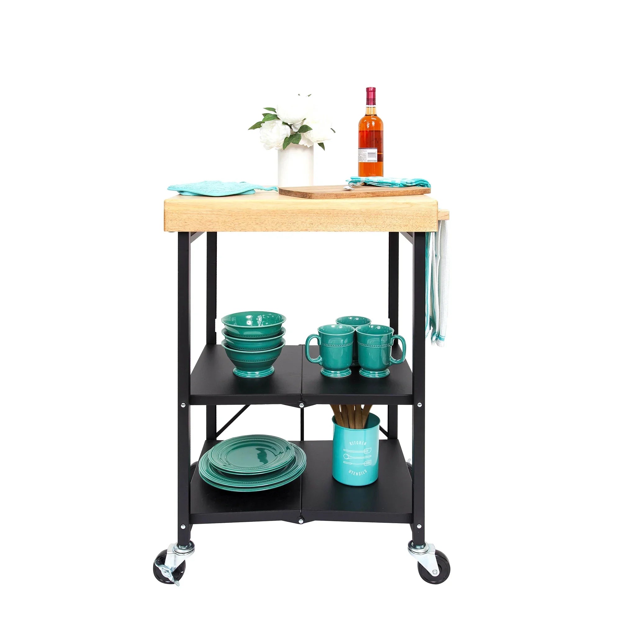 2026 New Origami Foldable Wheeled Portable Solid Wood Top Kitchen Island Bar Cart - Image 21