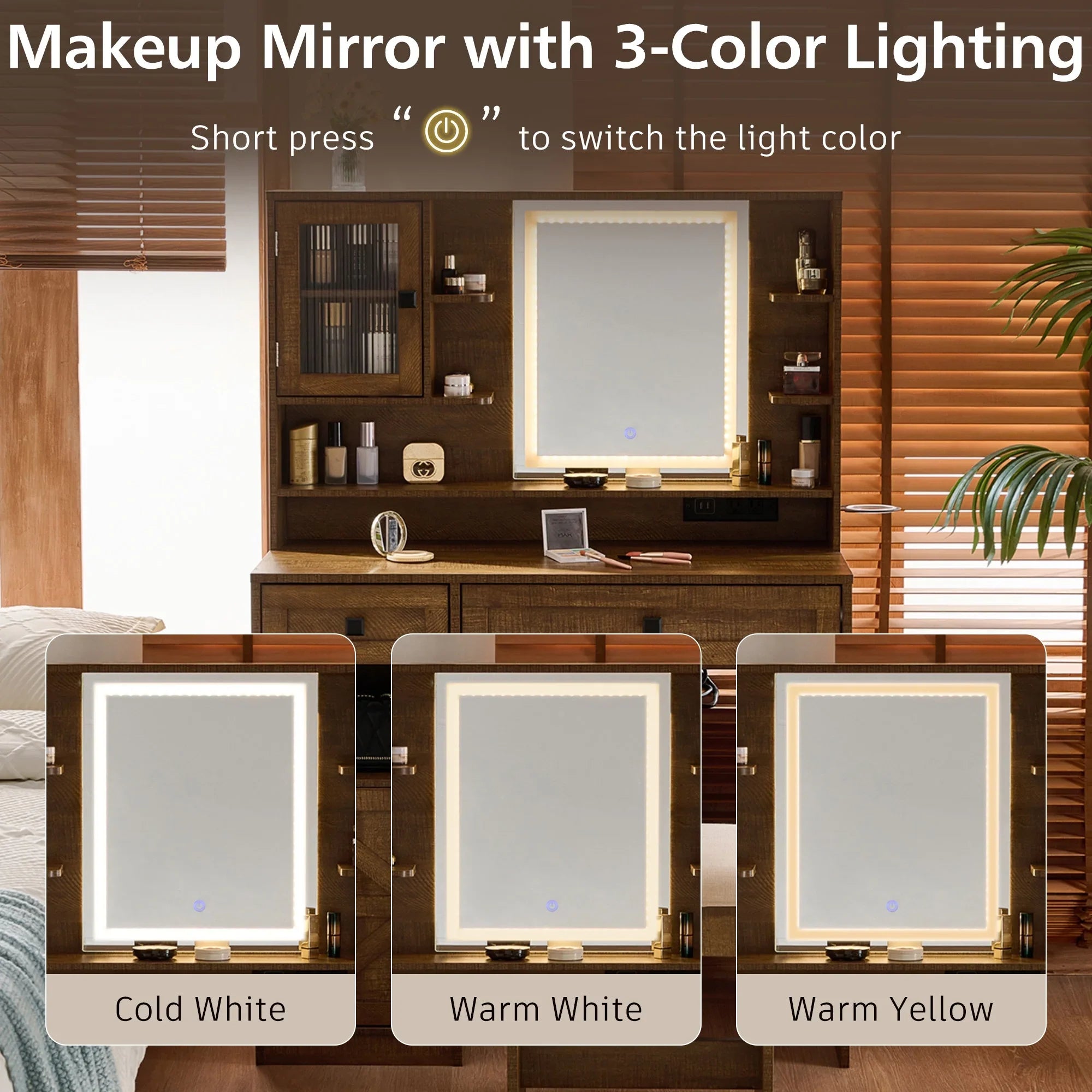 2026 New Farmhouse Makeup Vanity Desk with Mirror and Lights,Dressing Table Set with Charging Station and Stool,Drawers,Shelves and Side Cabinet,White - Image 8