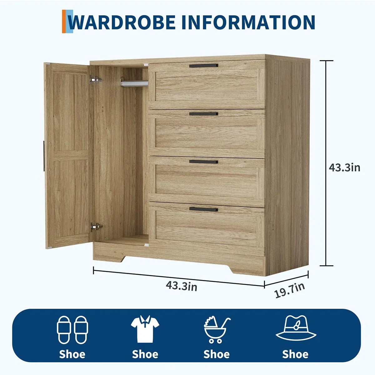 2026 New Ataucjin Wood Armoire Wardrobe Closet with 4 Drawers and Door, 43.3" H Bedroom Wardrobe Cabinet with Hanging Rod, Clothing Storage Cabinets, 4 Drawers Dresser with Storage Closet - Image 4