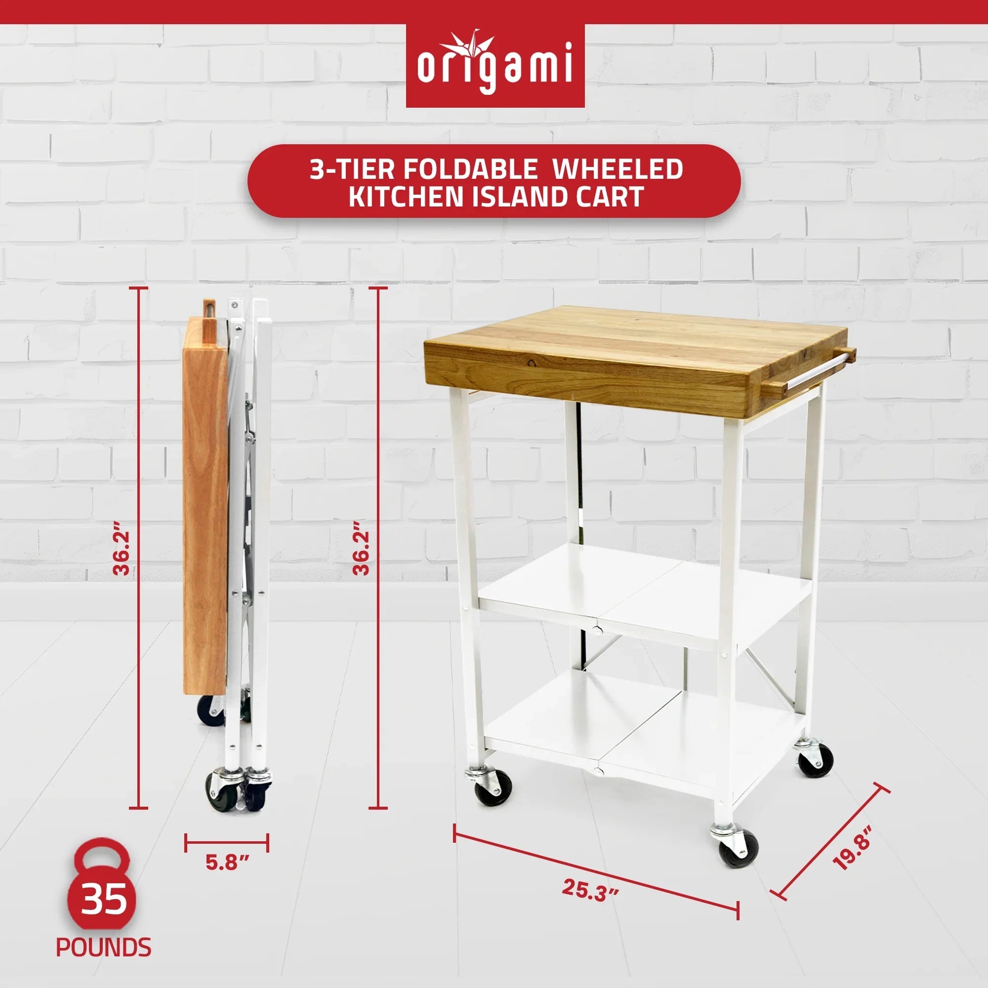 2026 New Origami Foldable Wheeled Portable Solid Wood Top Kitchen Island Bar Cart - Image 24