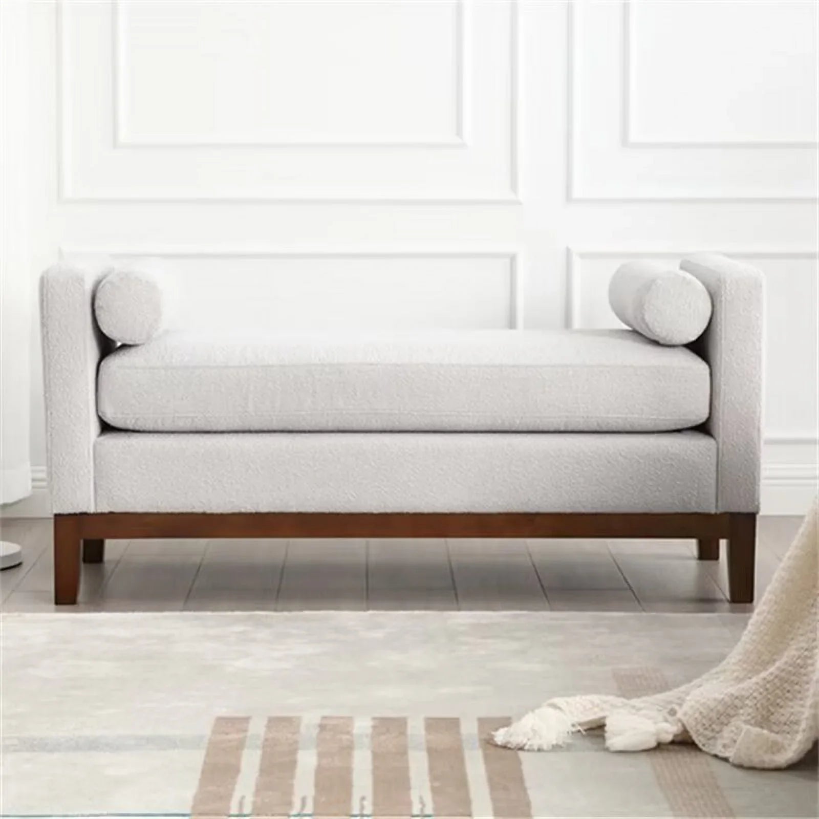 2026 New End of Bed Bench, 53.5" Boucle Fabric Upholstered Entryway Bench with Wood Legs & Bolster Pillows, Rolled Arm Cushioned Ottoman Foot Rest Long Stool Window Extra Seating for Bedroom, Ivory - Image 12
