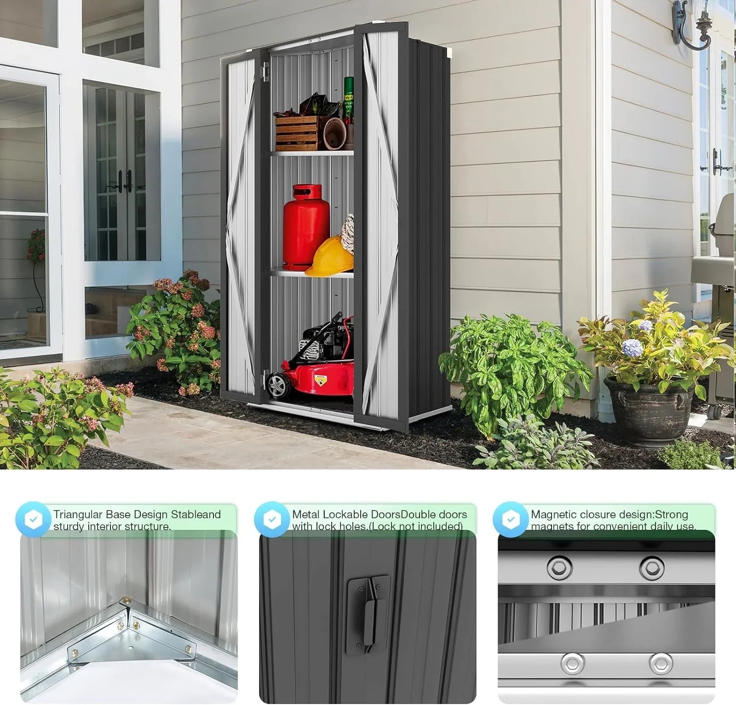 2026 New AECOJOY Outdoor Storage Cabinet for Garden & Patio, a Metal Organizer with Doors and Shelves in Gray - Image 7