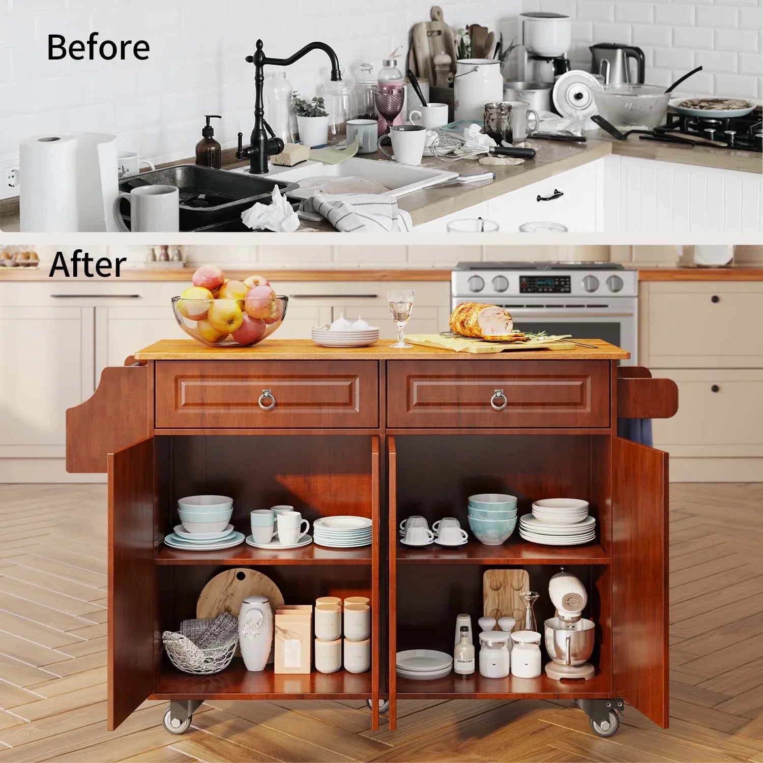 2026 New Lofka 52-Inch Kitchen Island with Storage on Wheels with Wood Drop Leaf, Ideal for Small Kitchens - Image 15