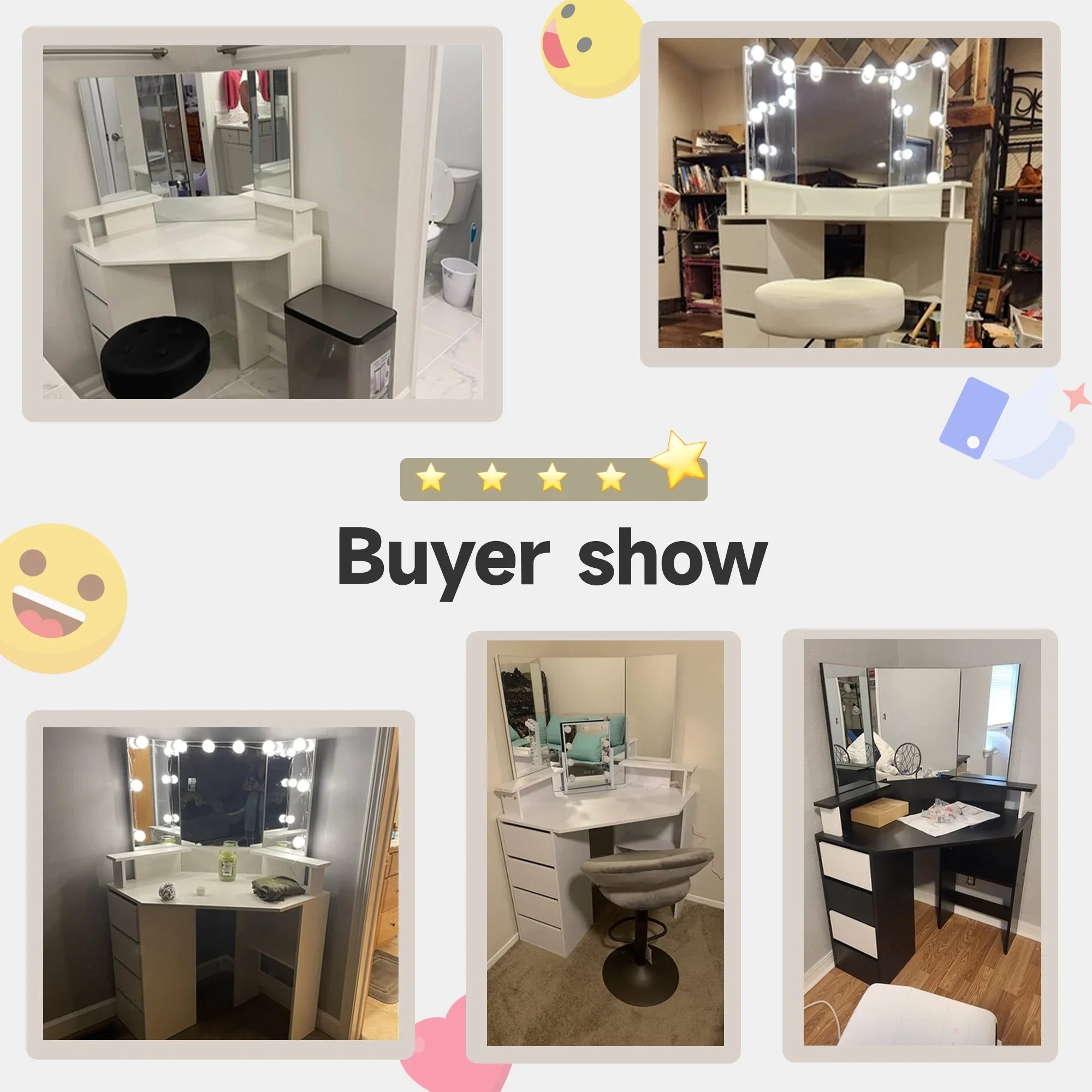 2026 New Veanerwood White Corner Vanity Desk with Mirror and Light,Makeup Table with 4 Drawers and Charging Station for Bedroom - Image 4